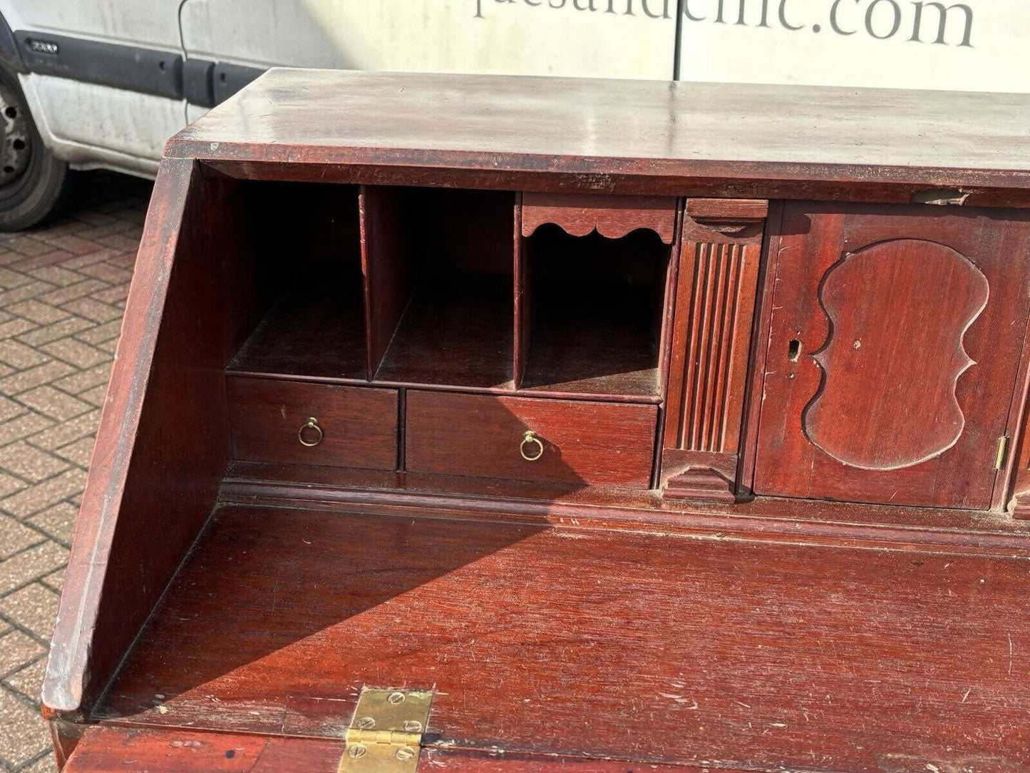 English Georgian Mahogany Desk, Fitted Interior, Secret Drawers, Brass Handles