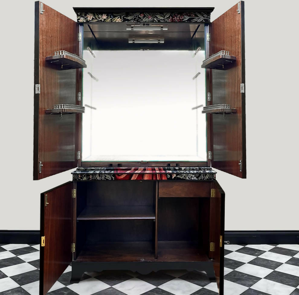 Antique walnut drinks cabinet with door open painted black and decorated with tappestry by William Morris