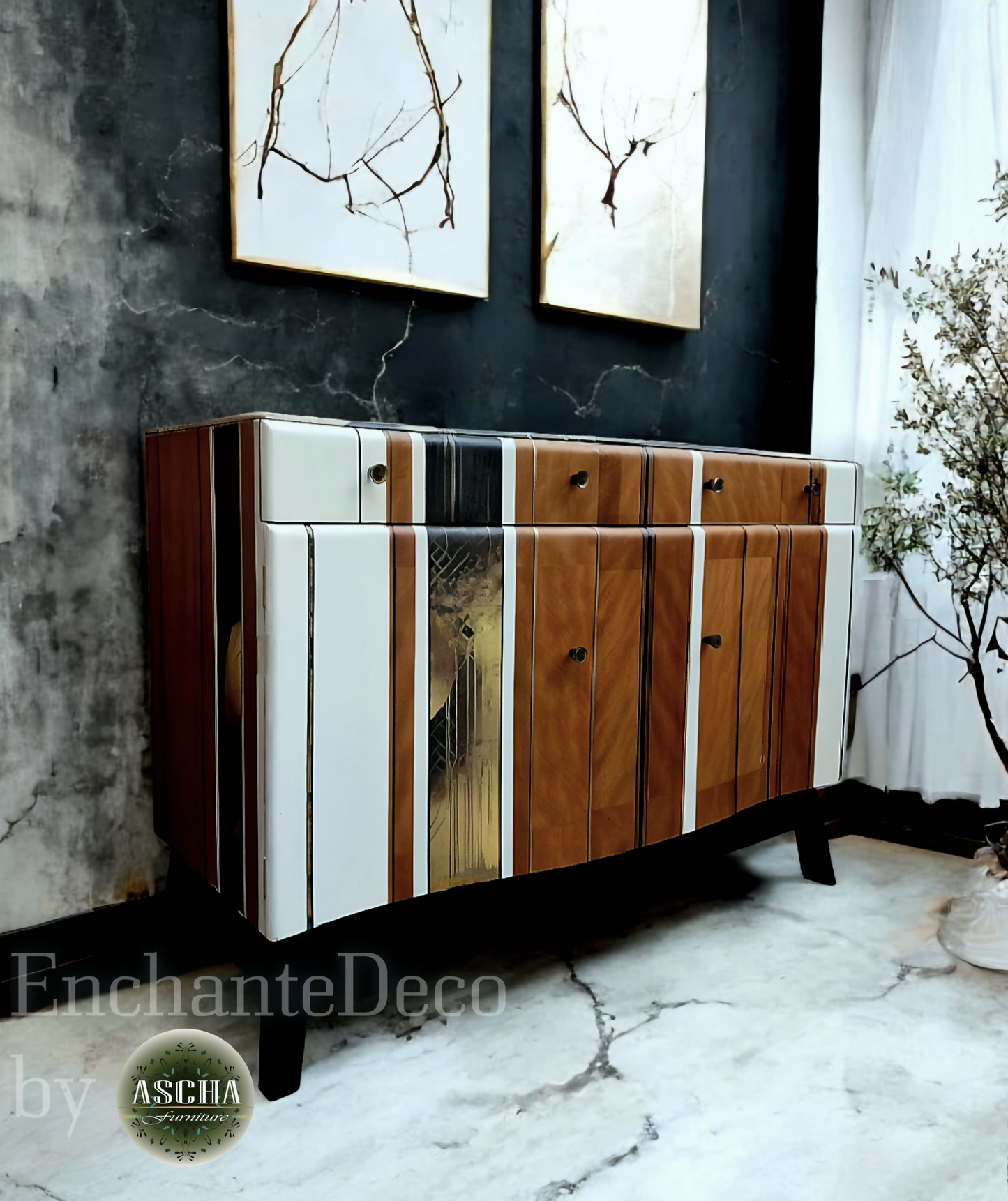 Mid-Century Modern MCM Bespoke Luxury Beautility Sideboard Drink Cabinet Modern black gold white stripes