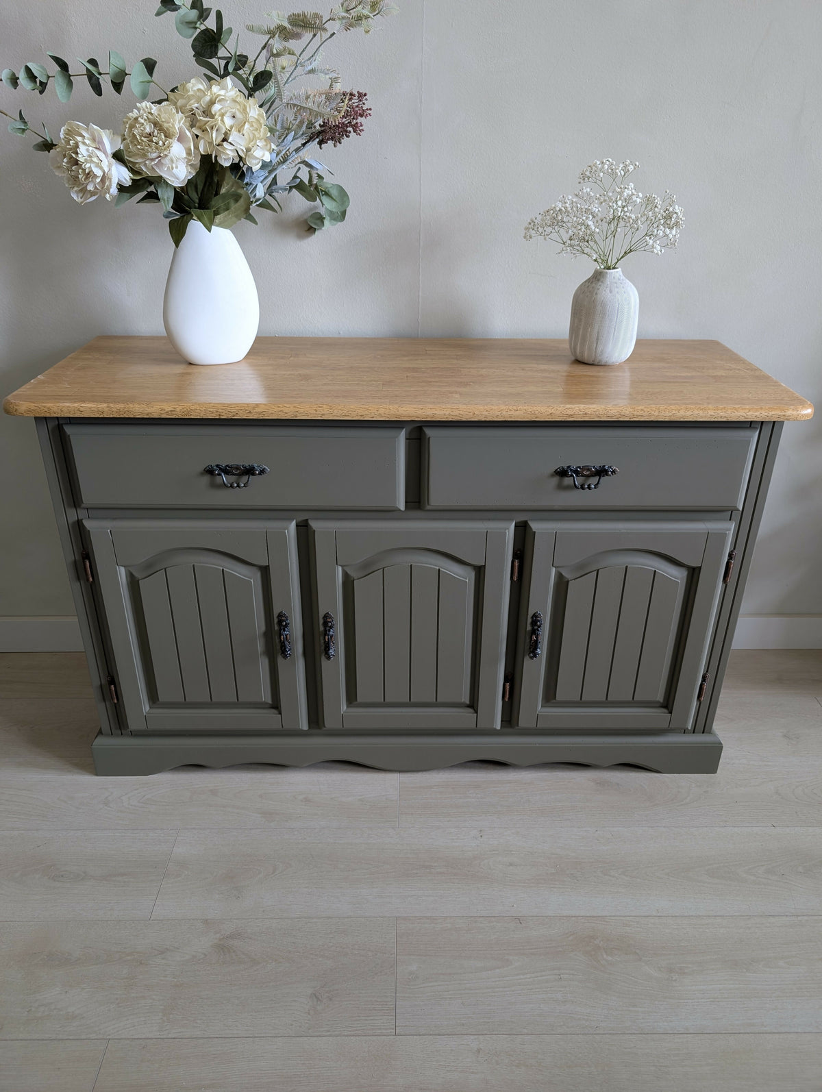 Vintage Oak Sideboard | Olive Green Painted Sideboard with Natural Oak Top