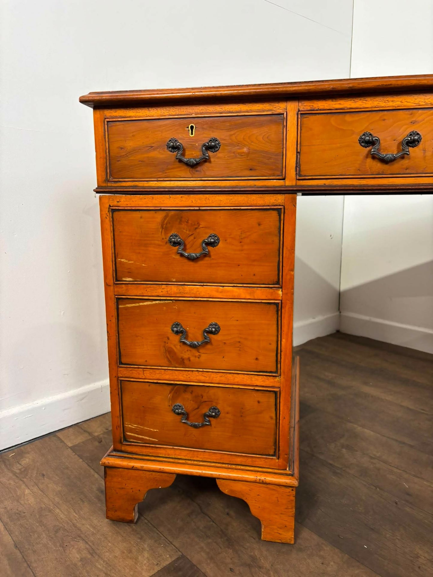 Reproduction Yew Wood Pedestal Desk with Green Leather