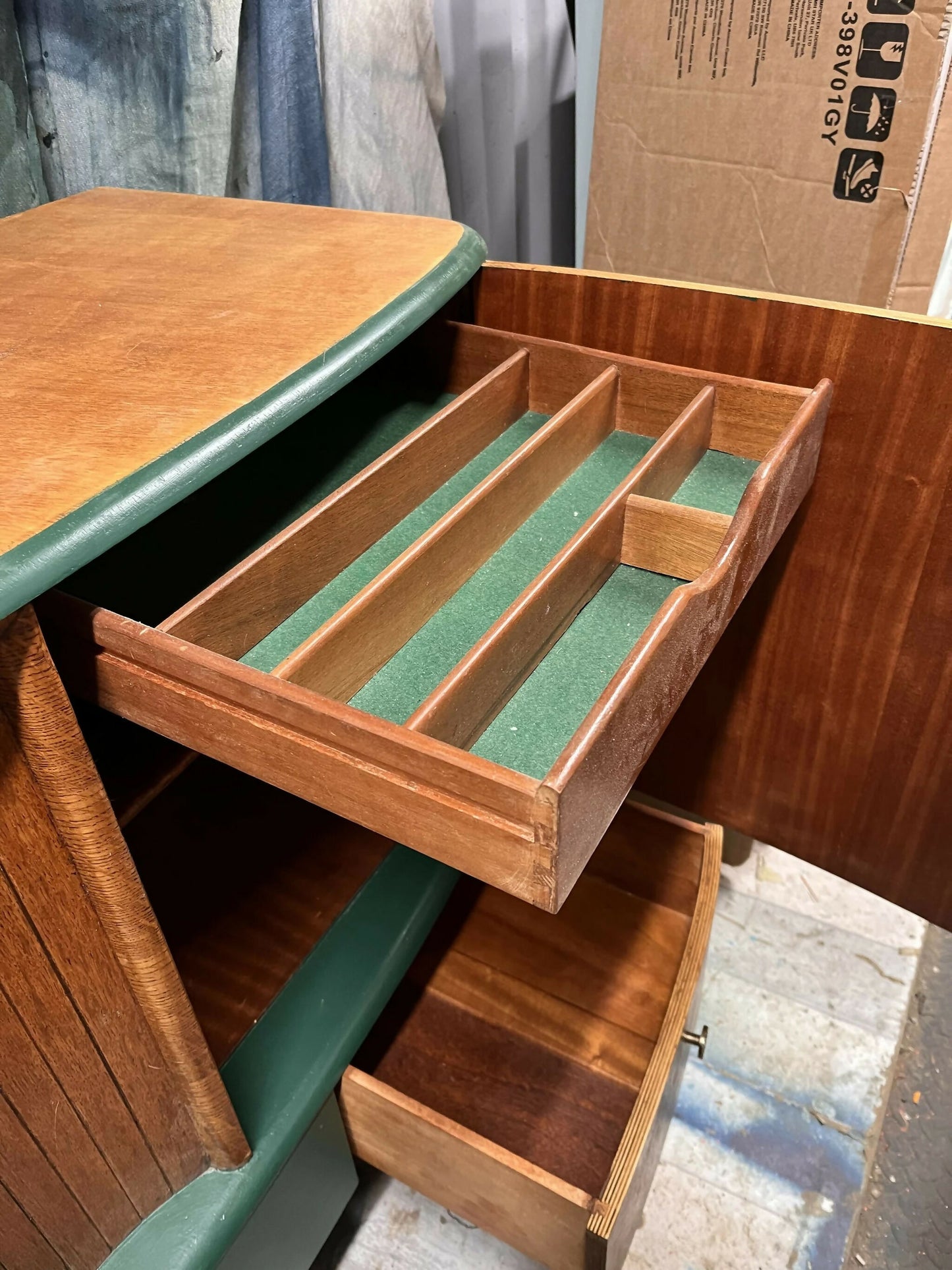 Mid century modern revived sideboard in forest green and oak