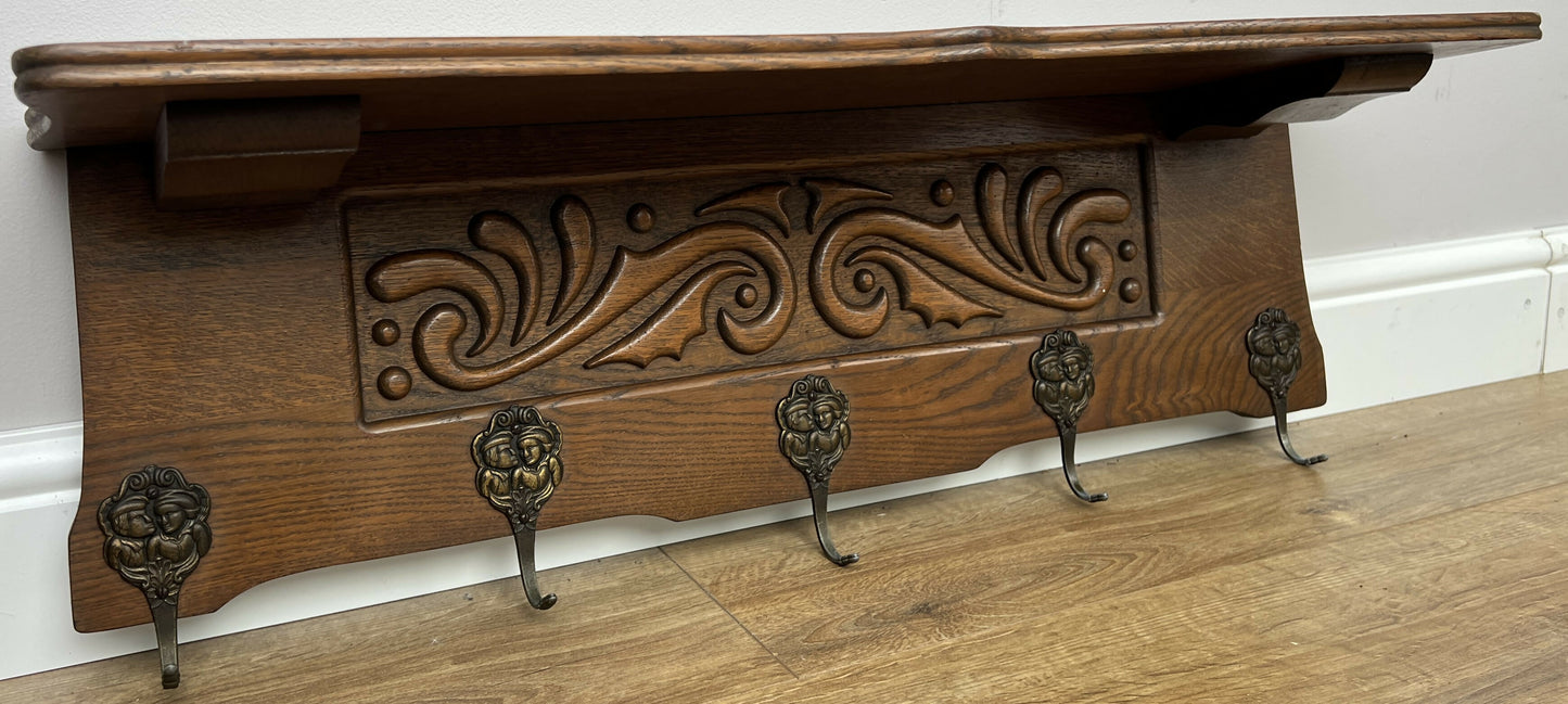 Coat Rack Vintage French Oak Wall Mounted 5 Hooks Carved Rack Hanger LOT 6302