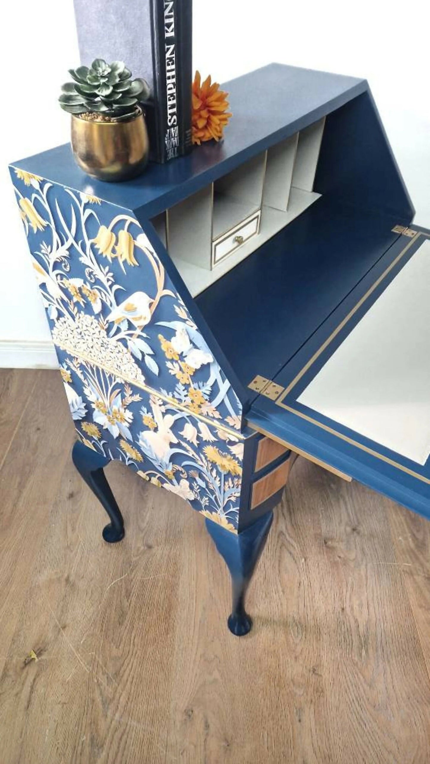Navy and gold bureau, secretary desk, navy furniture, walnut desk, writing desk, navy blue