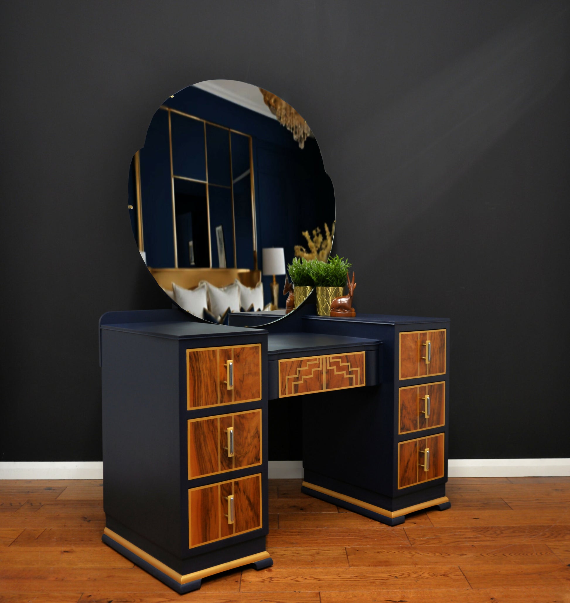 walnut navy blue and gold dressing table side view