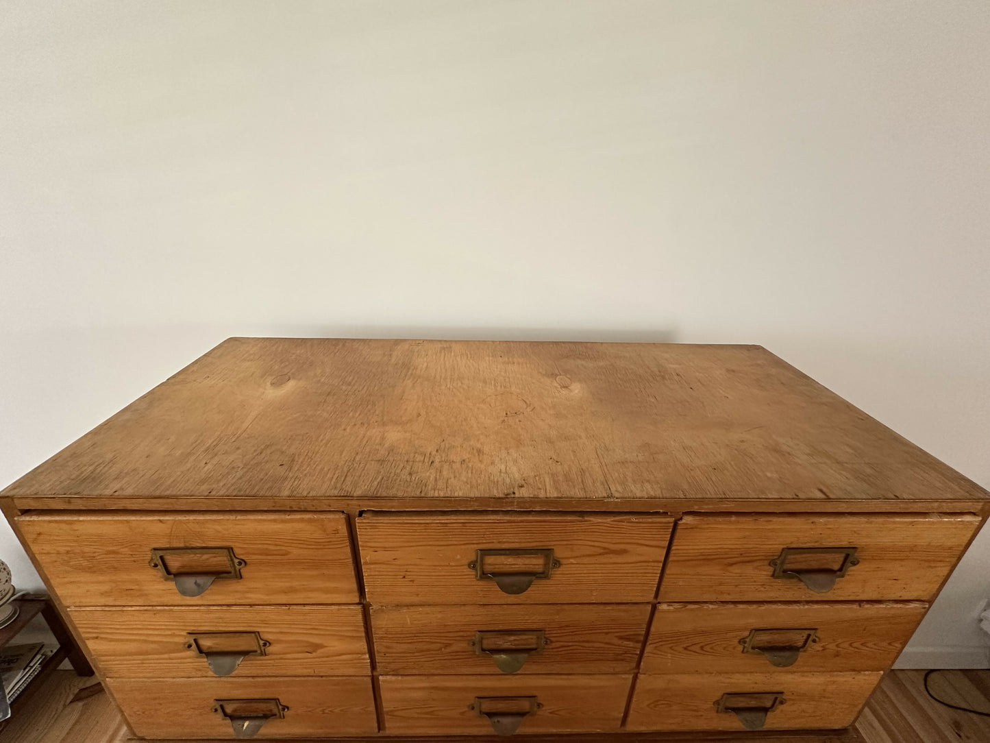 Vintage Pine 9 Drawer Apothecary Cabinet Antique Haberdashery Chest Brass Label Holders Industrial Storage Unit Mid Century Filing Drawers