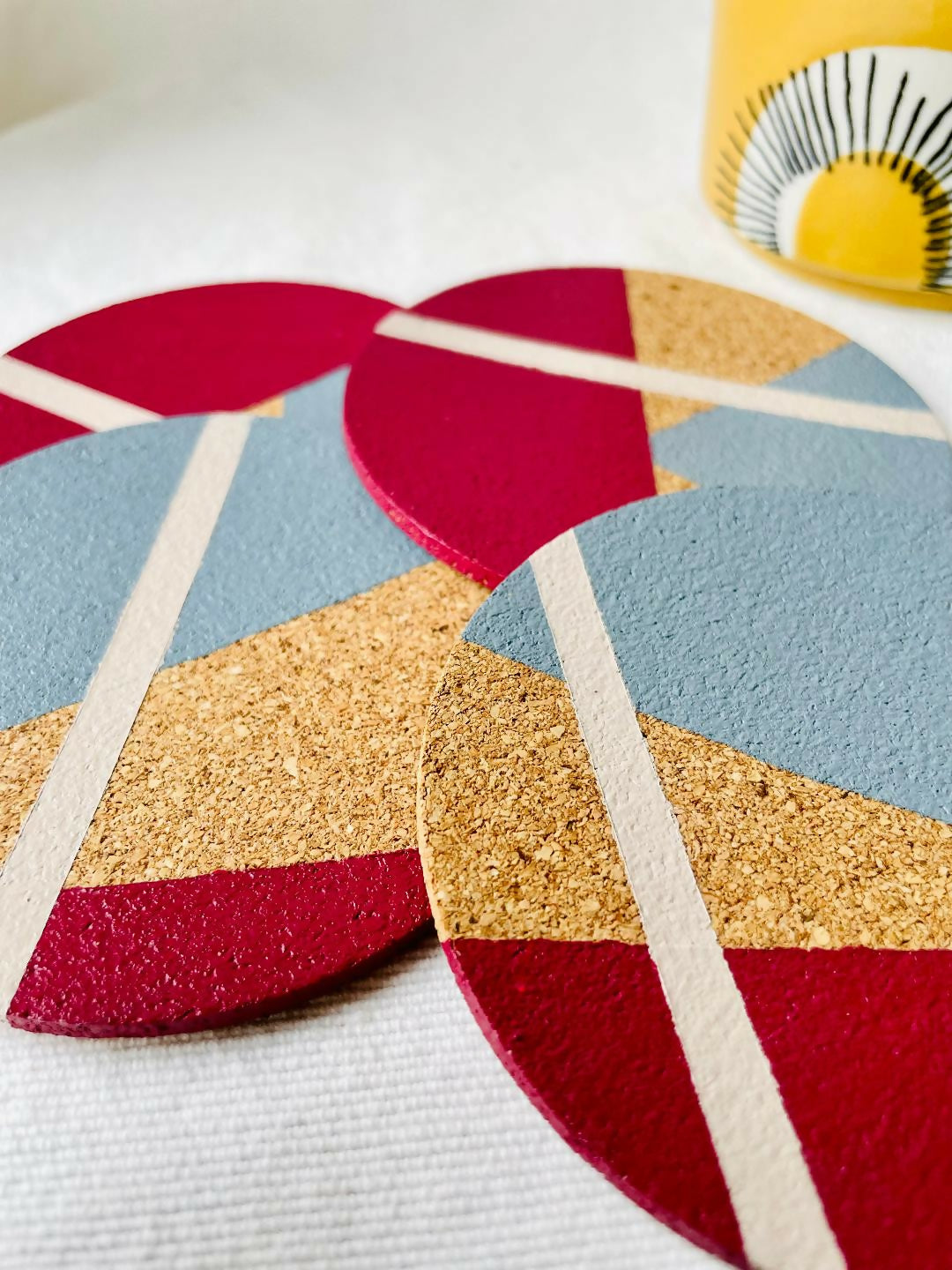 NOW SOLD Set of 4 Cork Coasters - Hand Painted Geometric/Modern Design (Blue/Crimson/White)