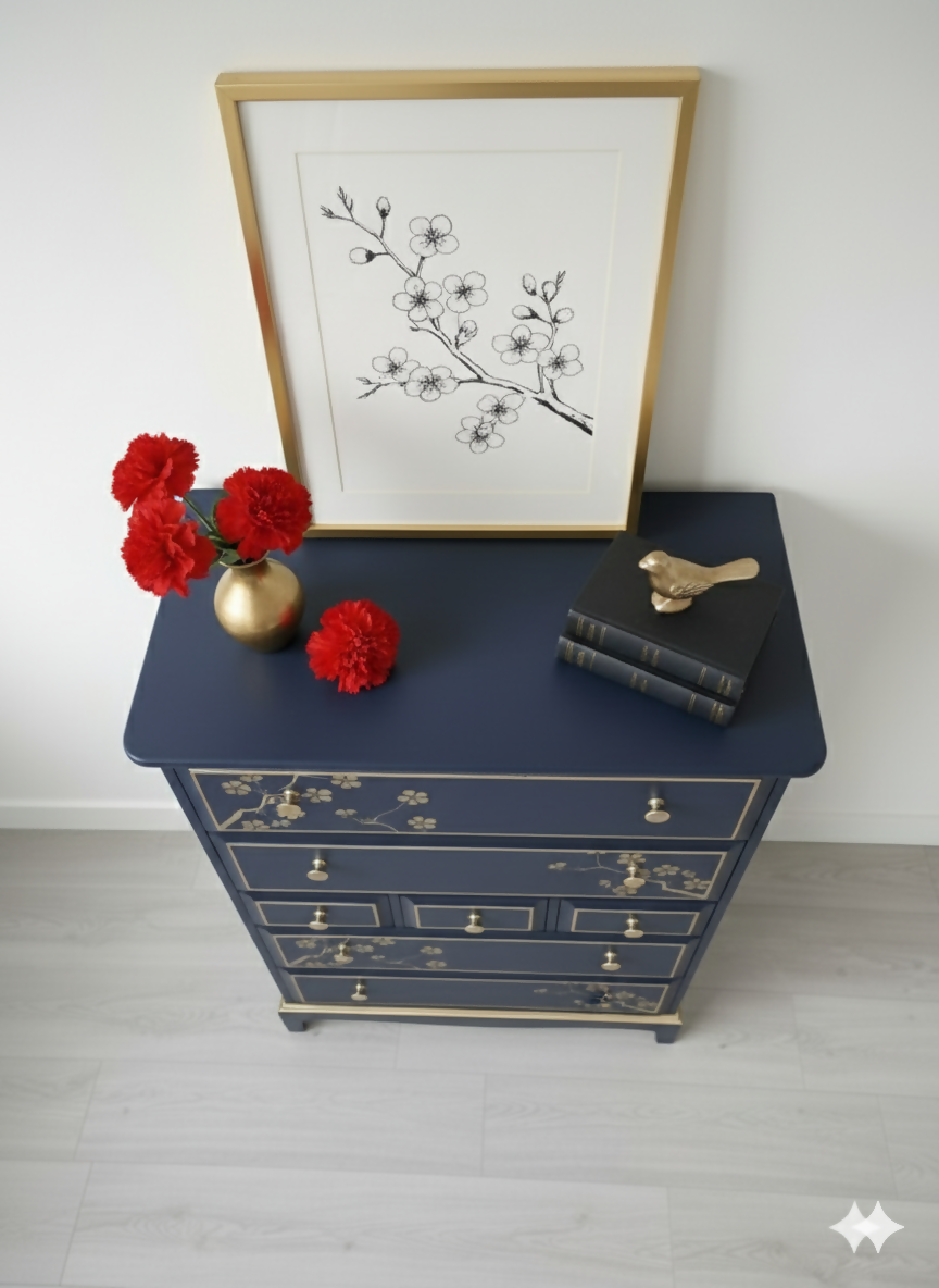 Nay and gold stag minstrel tall boy chest of drawers