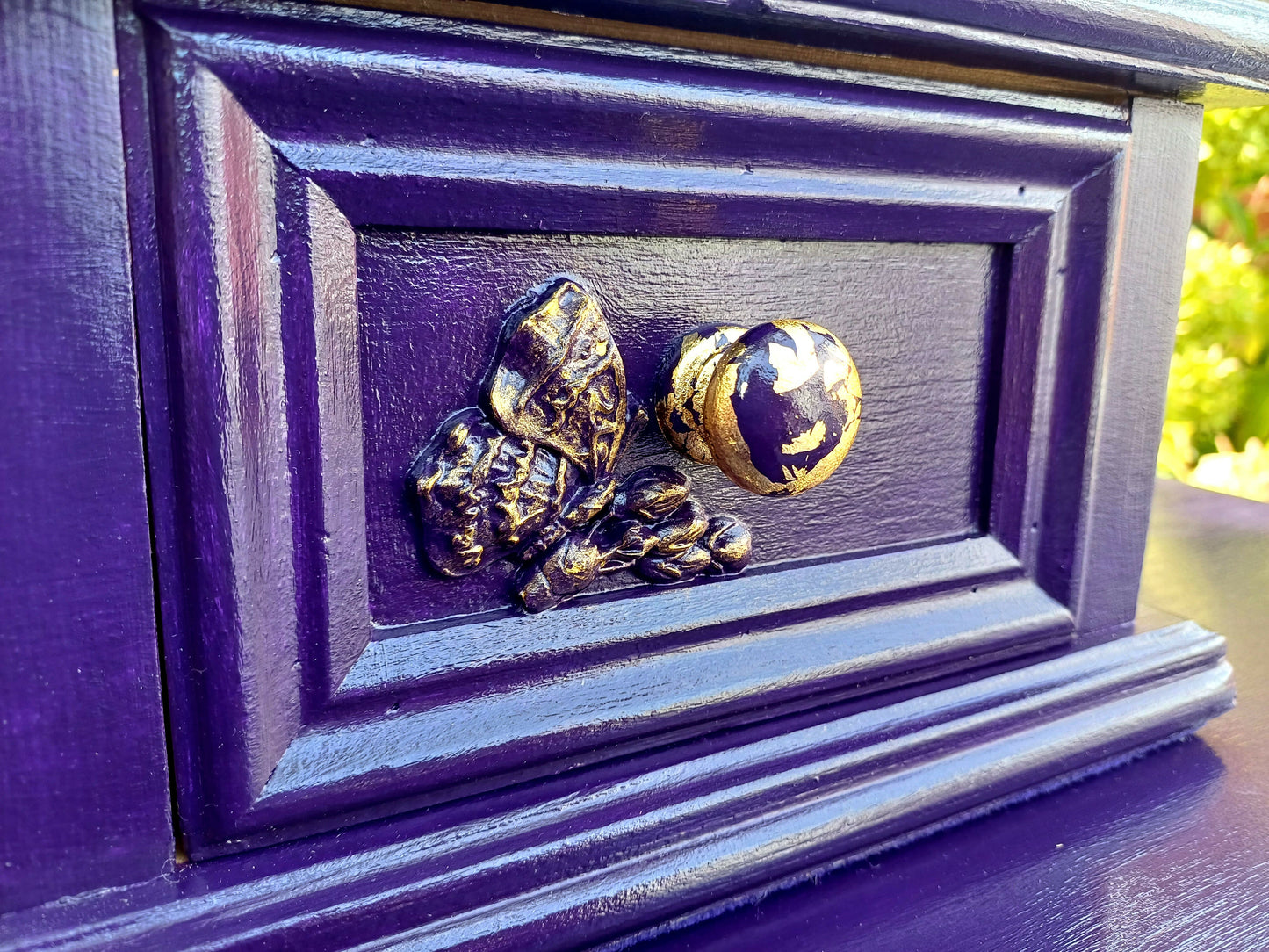 Upcycled Deep Purple and Gold Dressing Table with Flower and Bird Mould Design