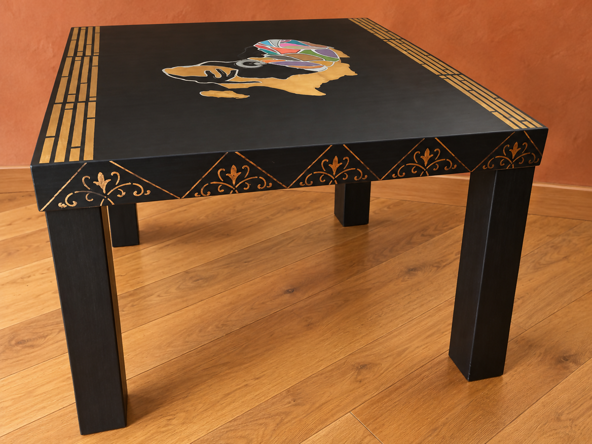 THE AFRICAN ASPECTS UPCYCLED - ONE-OFF FURNITURE ART Black table with stunning African woman/map feature -Giving furniture a second life with soul