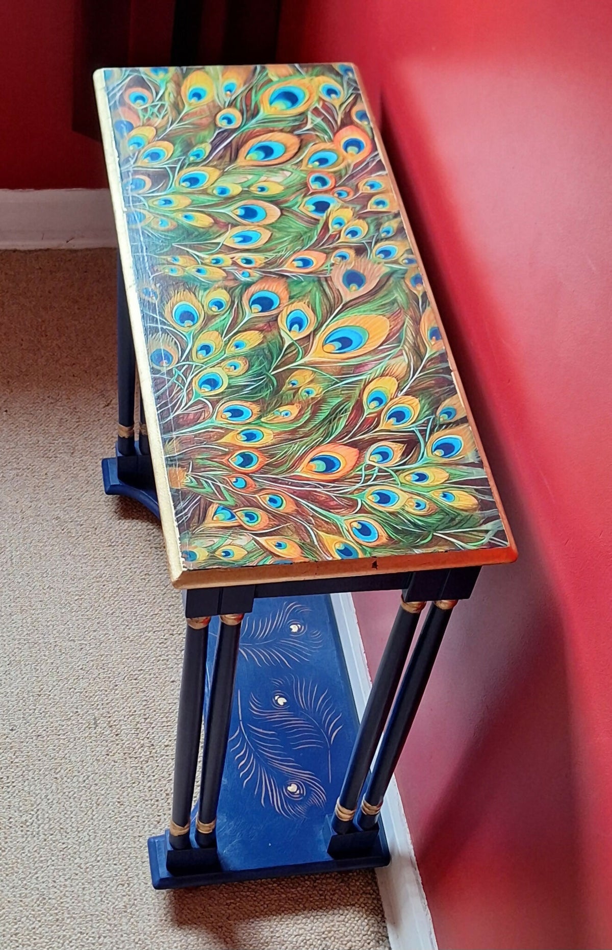 "Peacock Blues” Console Table with Drawers and Shelf
