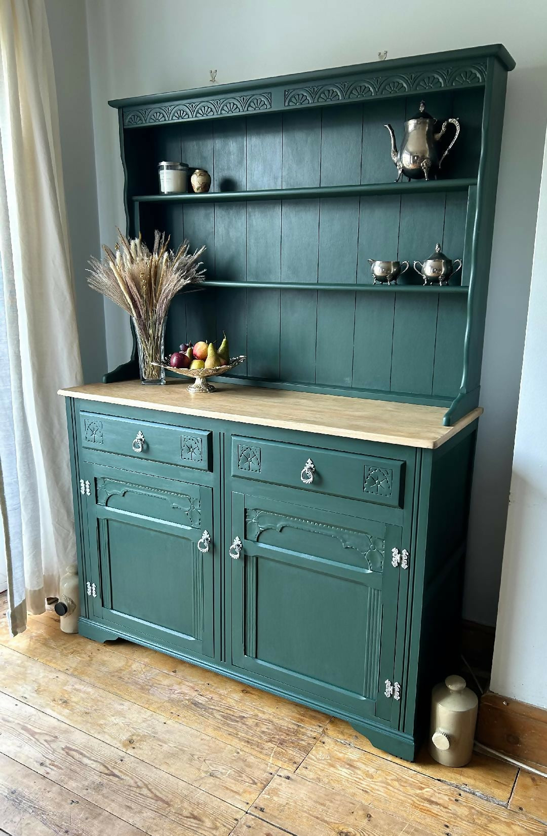 NOW SOLD Hand Painted Dark Green Vintage Welsh Dresser Upcite NOW SOLD Hand Painted Dark Green Vintage Welsh Dresser Upcite