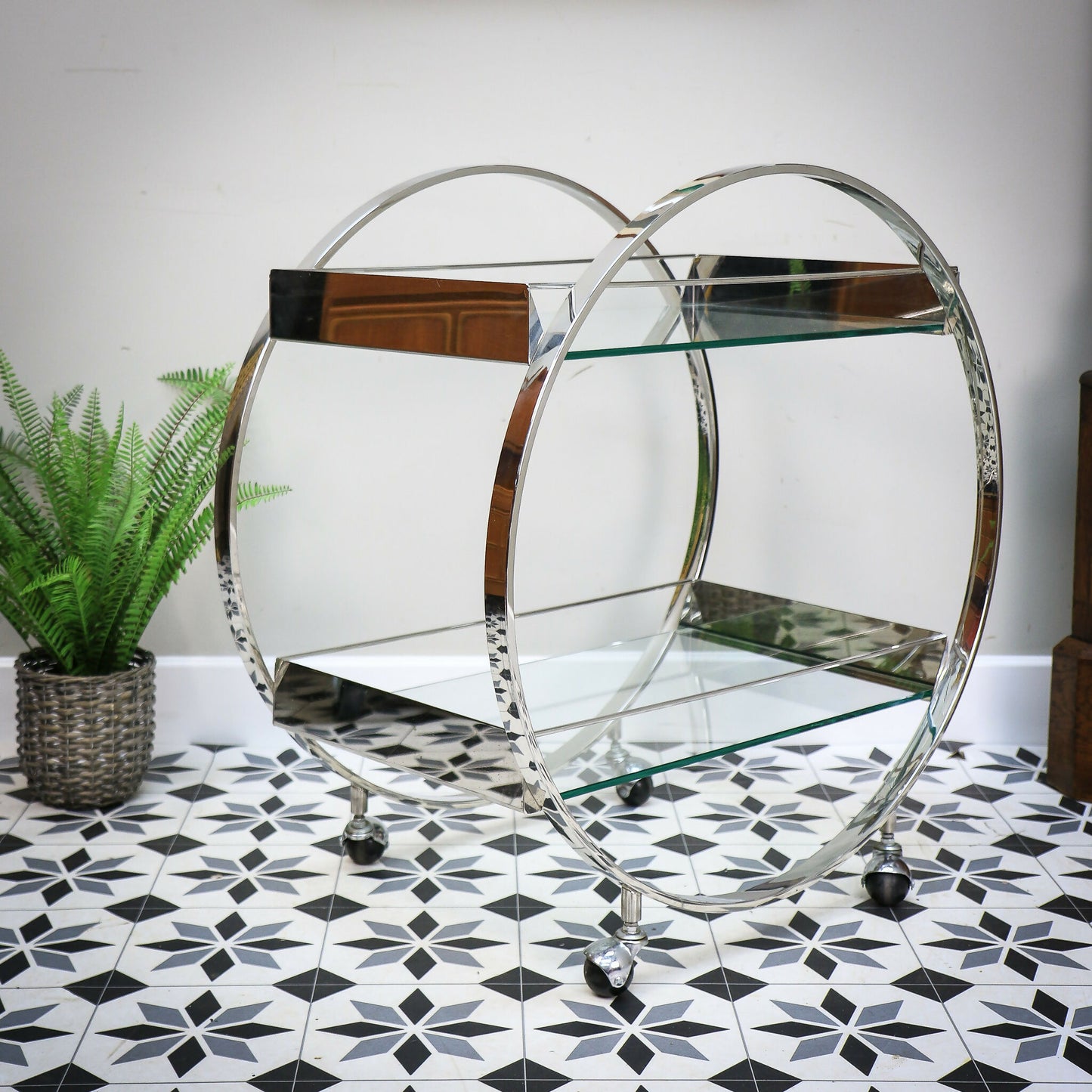 Art Deco Style Cocktail Drinks Savoy Trolley on Castors with Tempered Glass