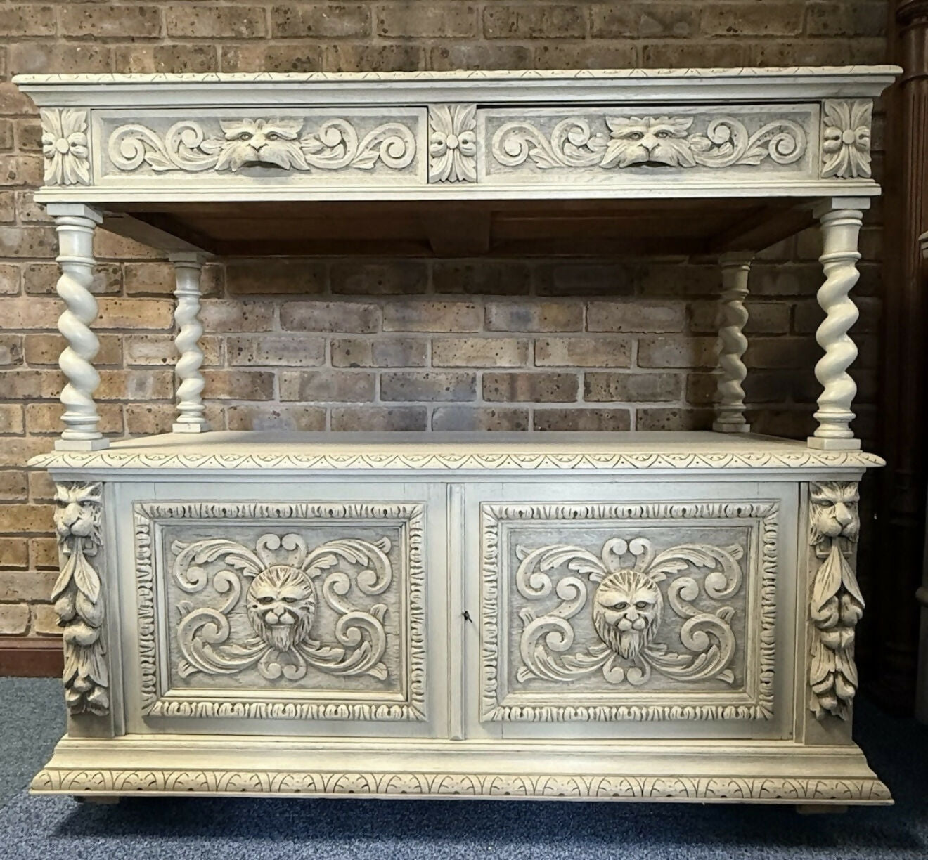 Antique Victorian Buffet/Server in oak with Green Man carvings.