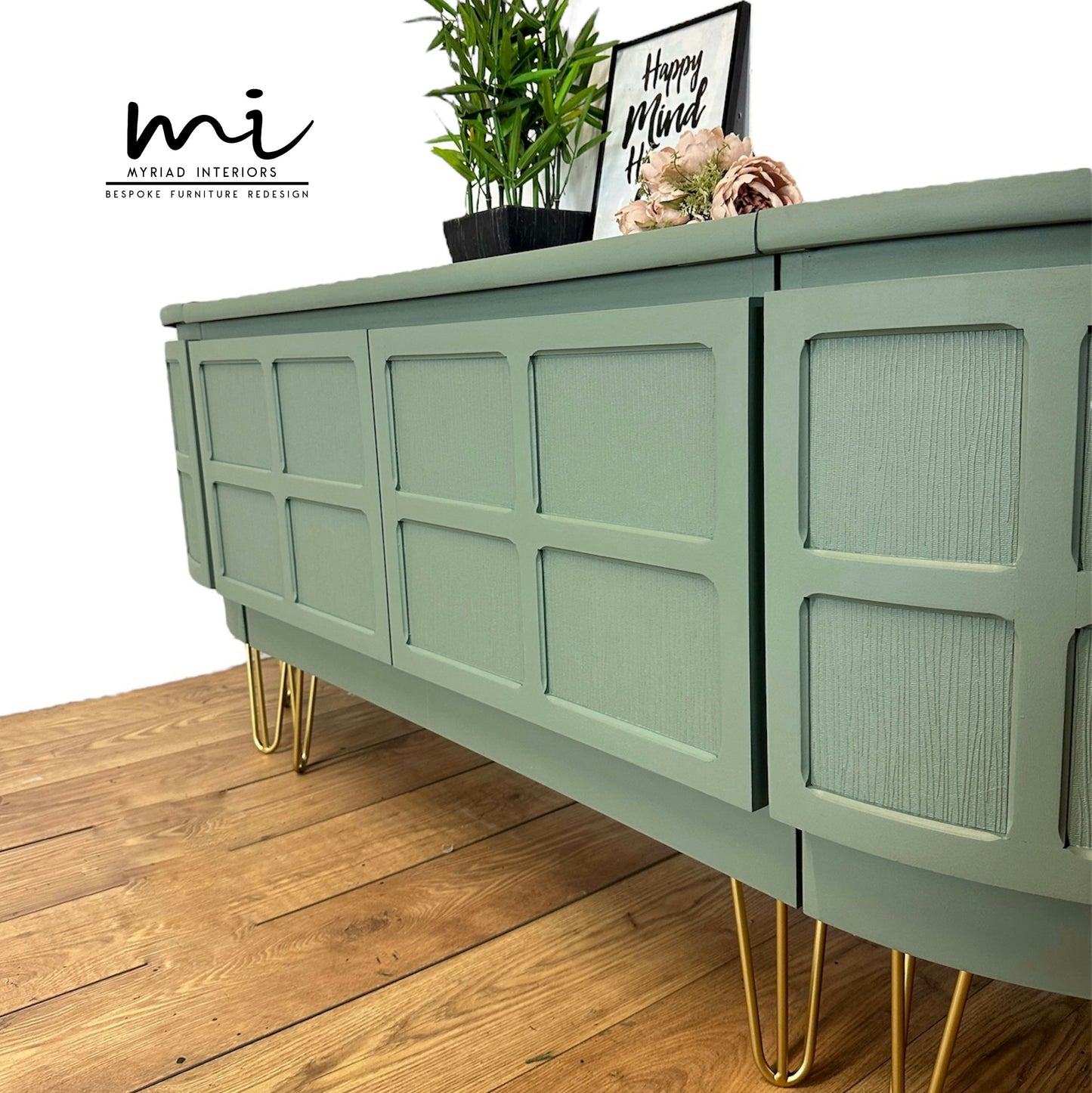 Made to Order Refurbished mid century modern Nathan large sideboard set, drinks cabinet, TV stand, media unit, sage green, decoupaged, cocktail, console