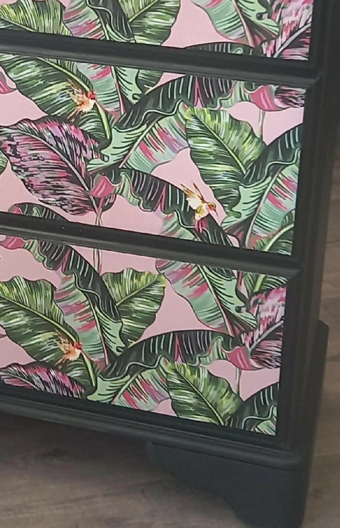 Chest of Drawers. Dark Green and Pink Leaf Print. Upcycled Painted Bedroom Furniture