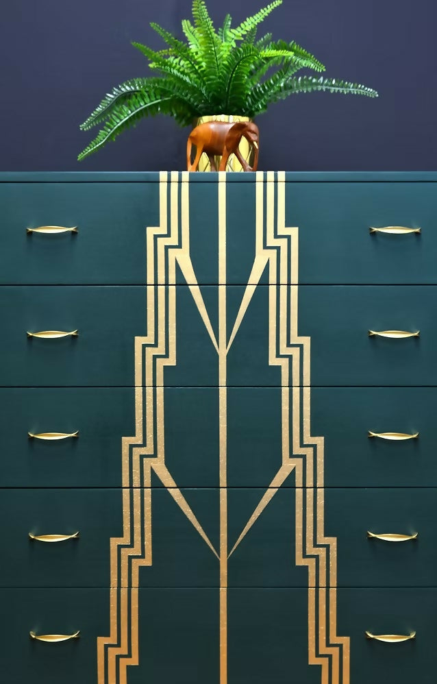 Mid Century modern Drawers,Green and Gold Chest of Drawers.