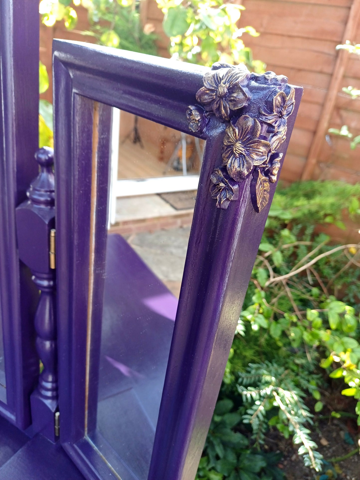 Upcycled Deep Purple and Gold Dressing Table with Flower and Bird Mould Design