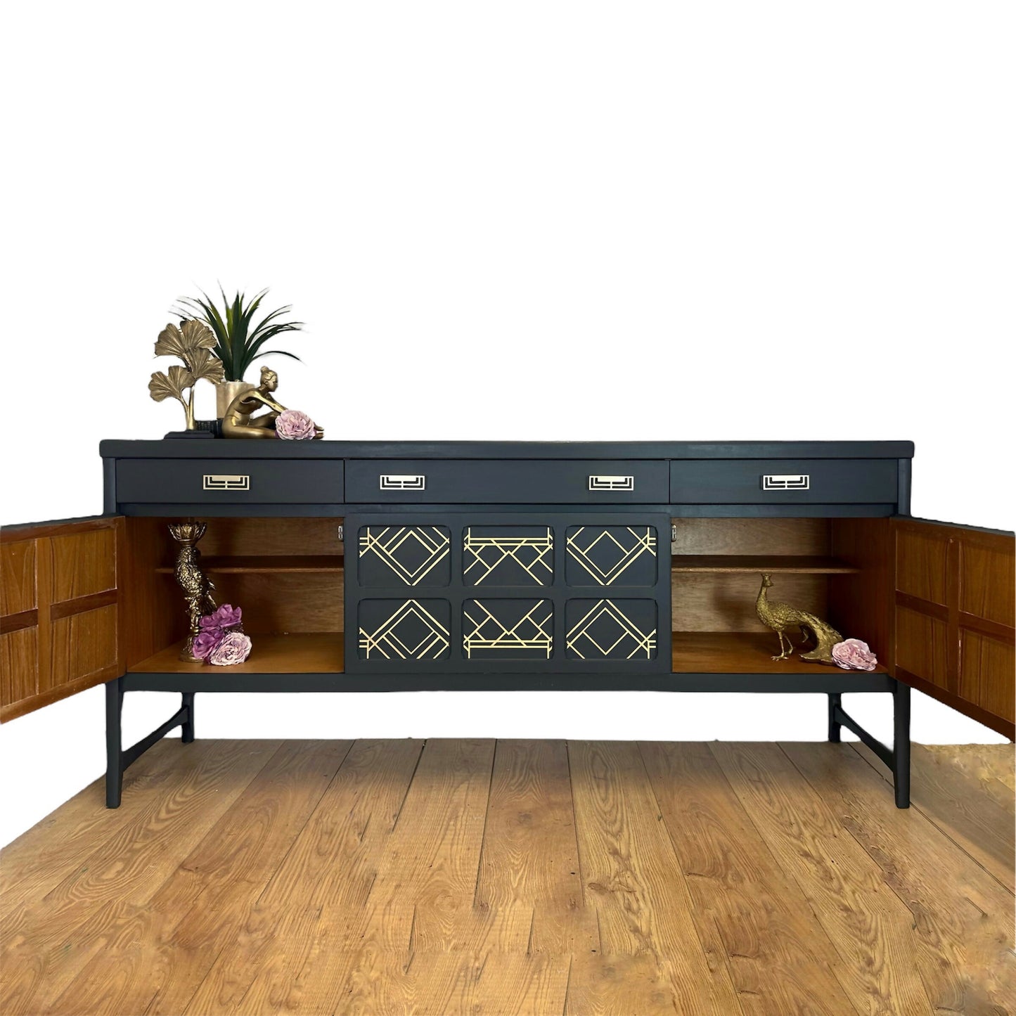 AVAILABLE NOW Large Nathan sideboard dark grey with gold art deco design, mid century drinks cabinet, cocktail cabinet, console, mid century, statement, refurbished