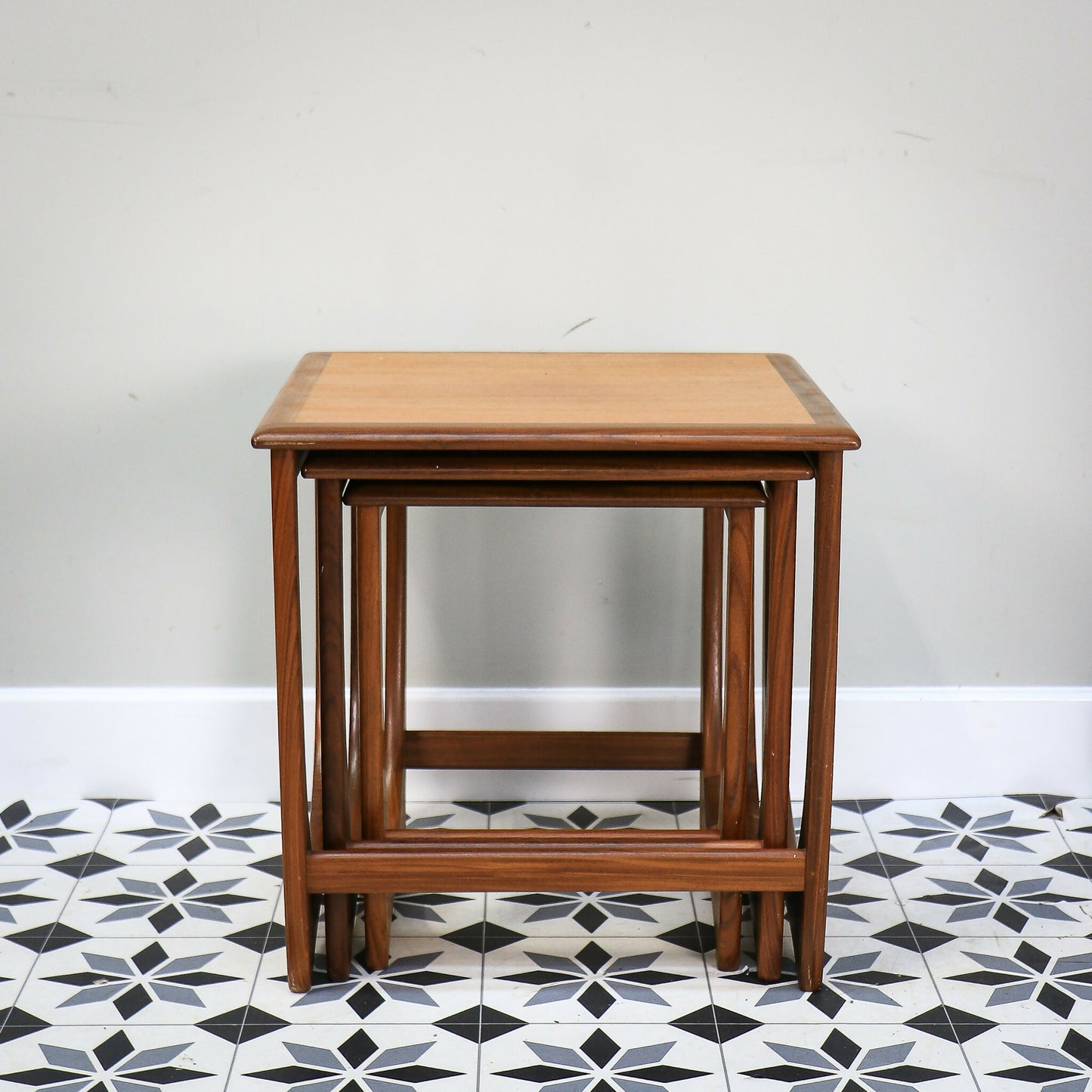 G Plan Nest of Three Tables Astro Design with Teak Tops and Afromosia Legs.