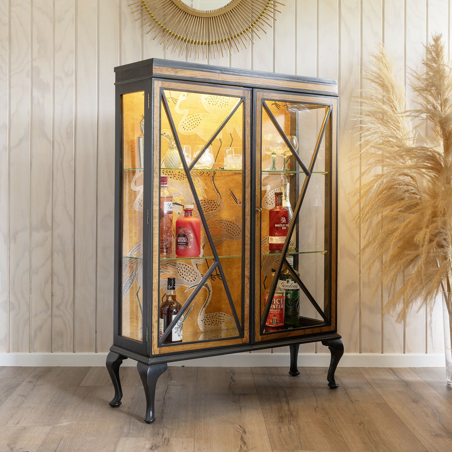 Professionally finished stunning Art Deco drinks cabinet, distinguished by its unique diamond frontage and crane fabric in ochre and grey. Sold, commission available.