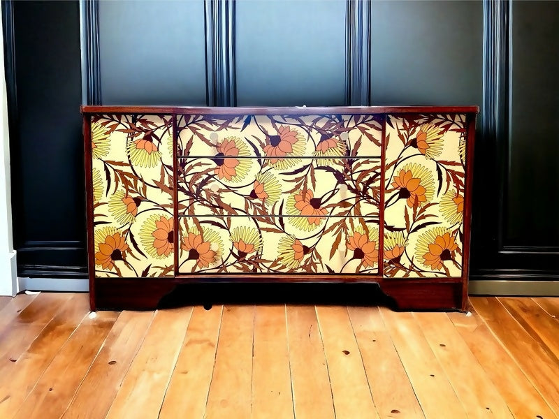 Upcycled Vintage Mid Century Sideboard, Tv Unit , 1970's Floral Print , Living Room, Dining Room Storage.