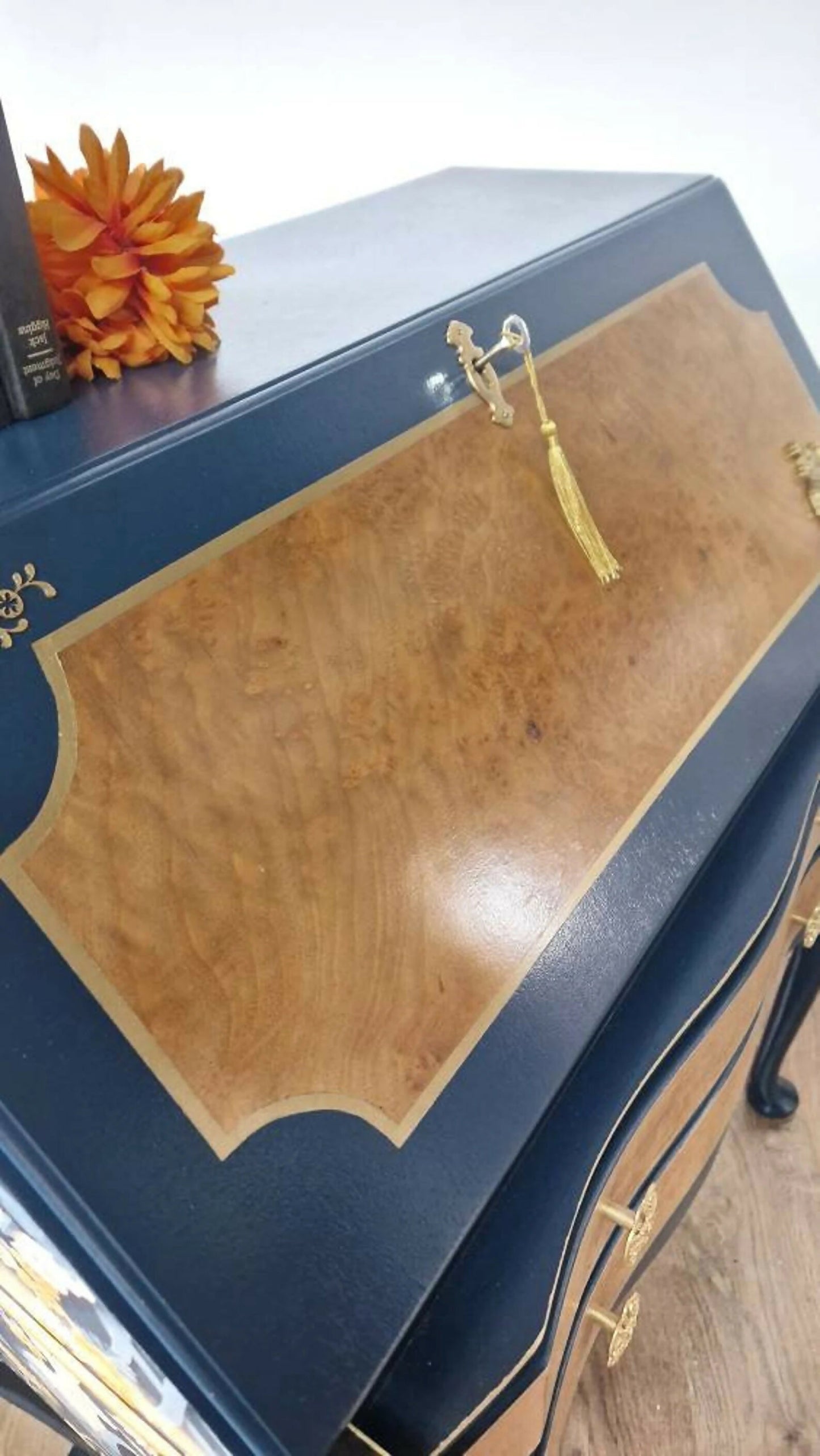 Navy and gold bureau, secretary desk, navy furniture, walnut desk, writing desk, navy blue