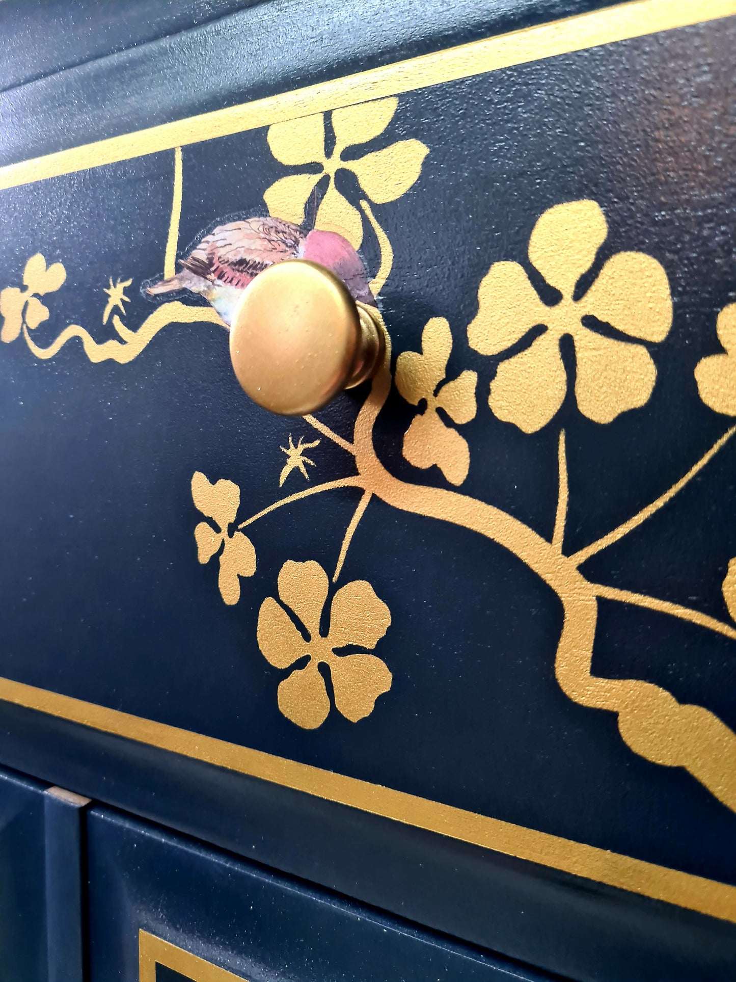 Nay and gold stag minstrel tall boy chest of drawers