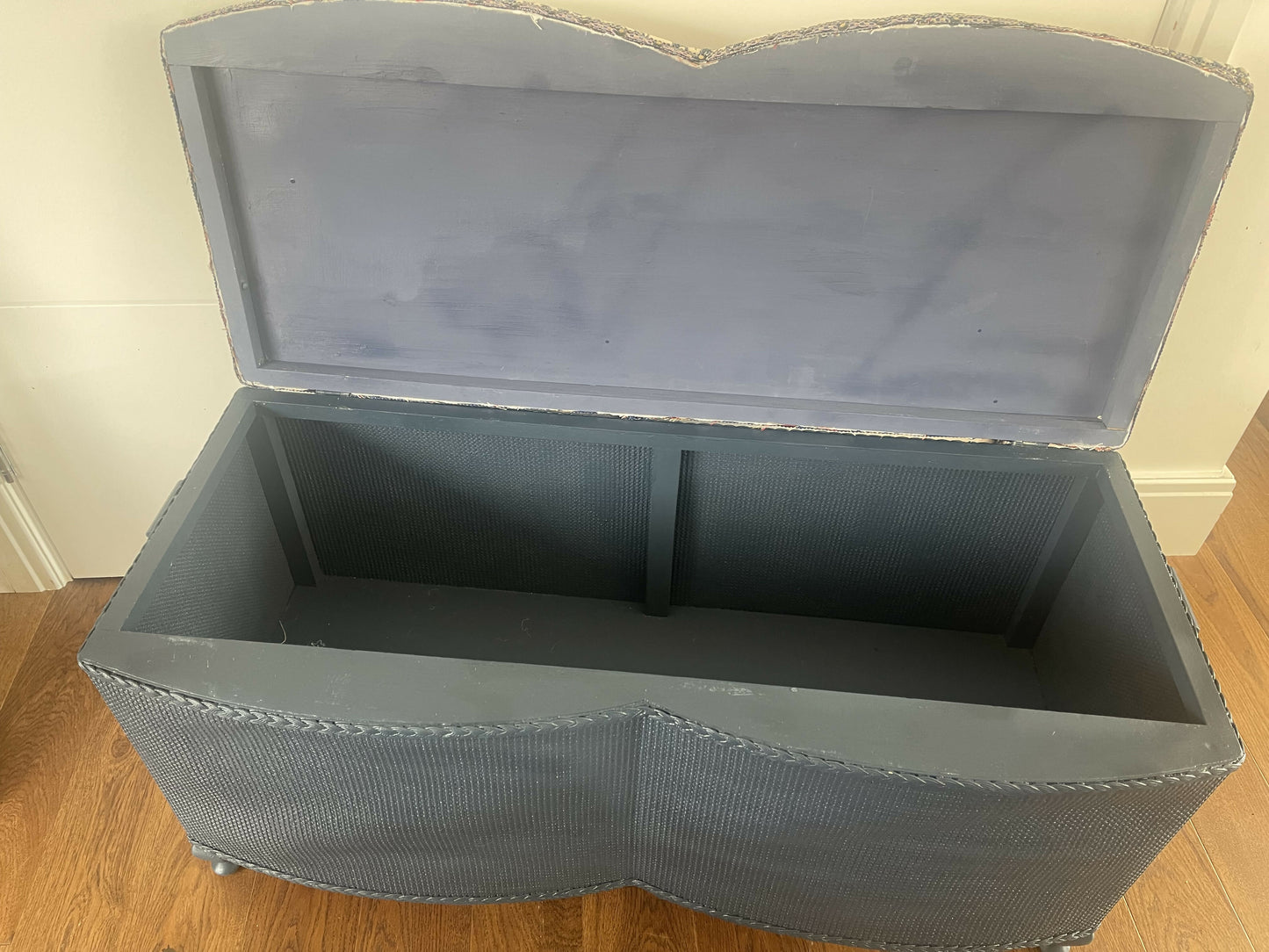 Mid century Ottoman. Repainted and reupholstered in Brer Rabbit material fabric dark blue