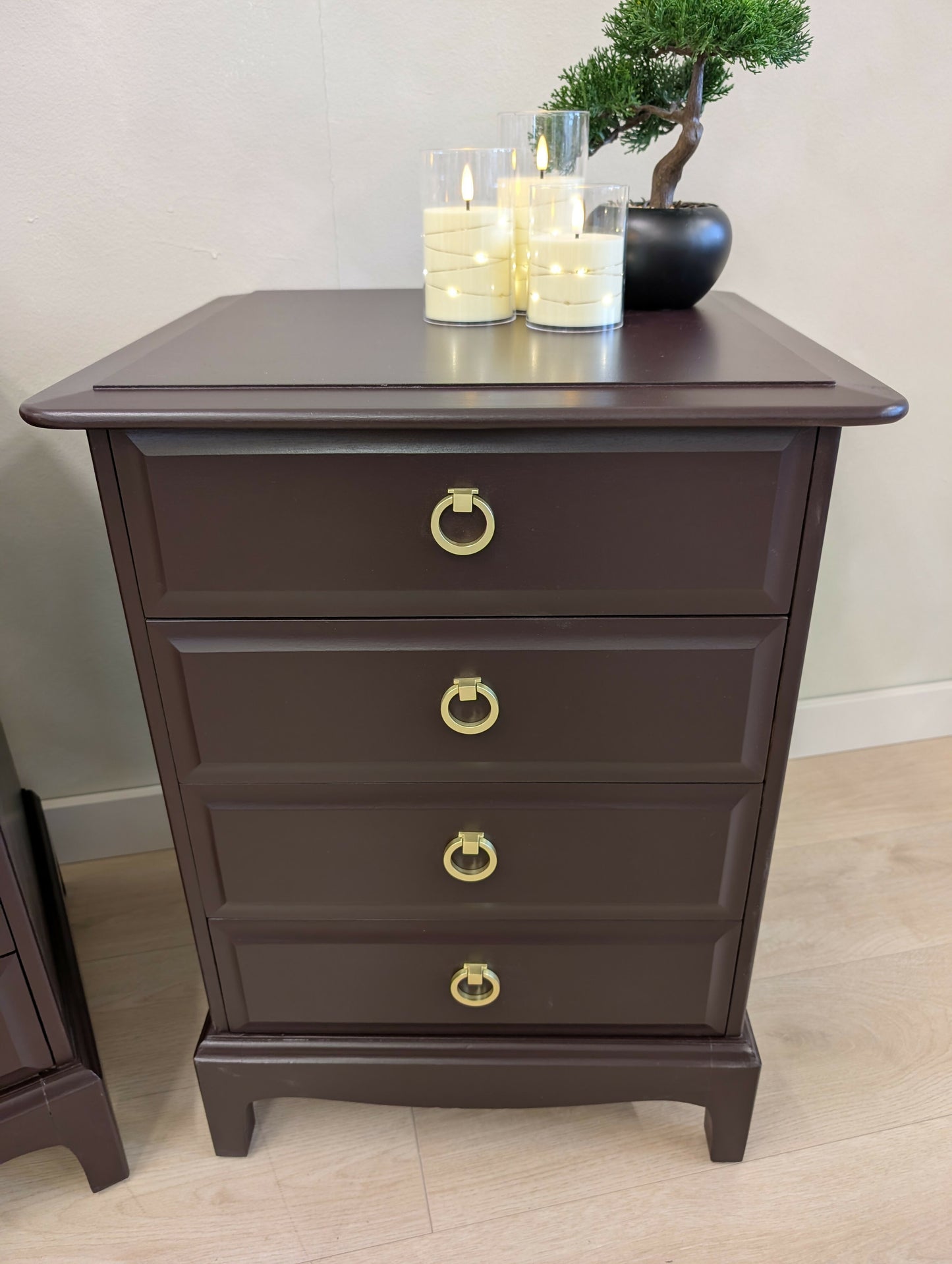 Pair of Stag Minstrel Bedside Tables Mid Century Burgundy Vintage 4 Drawer