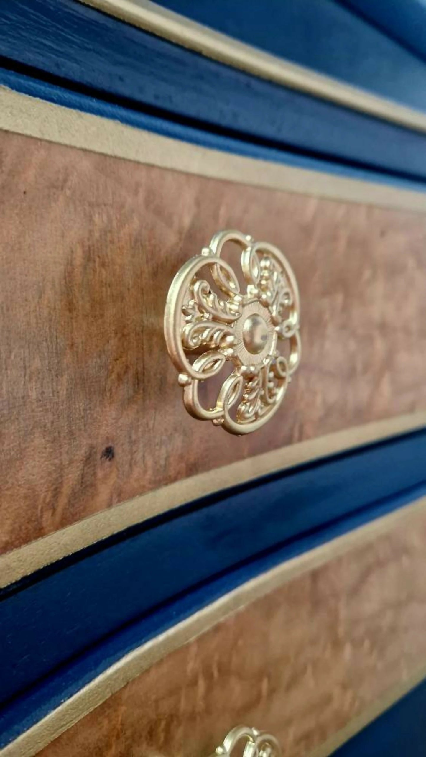 Navy and gold bureau, secretary desk, navy furniture, walnut desk, writing desk, navy blue