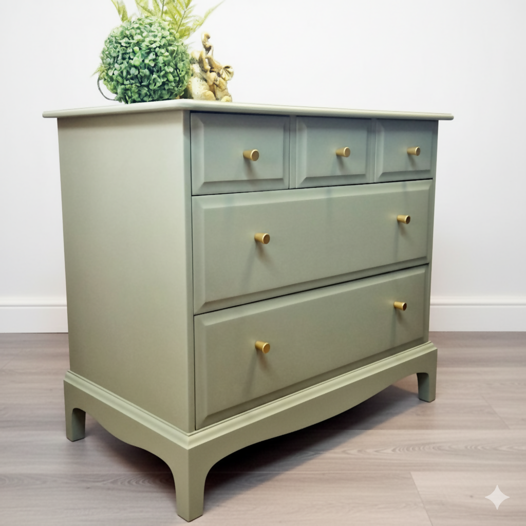 Stag minstrel 3 over 2 Green chest of drawers, over size bedside cabinet