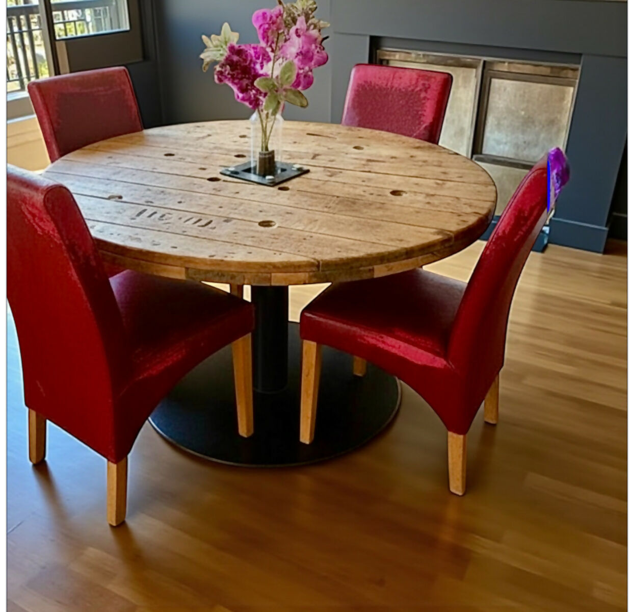 Original, Bespoke made Solid Cable Reel Round Dining Table, with four Bespoke made Dark Fuchsia Chairs