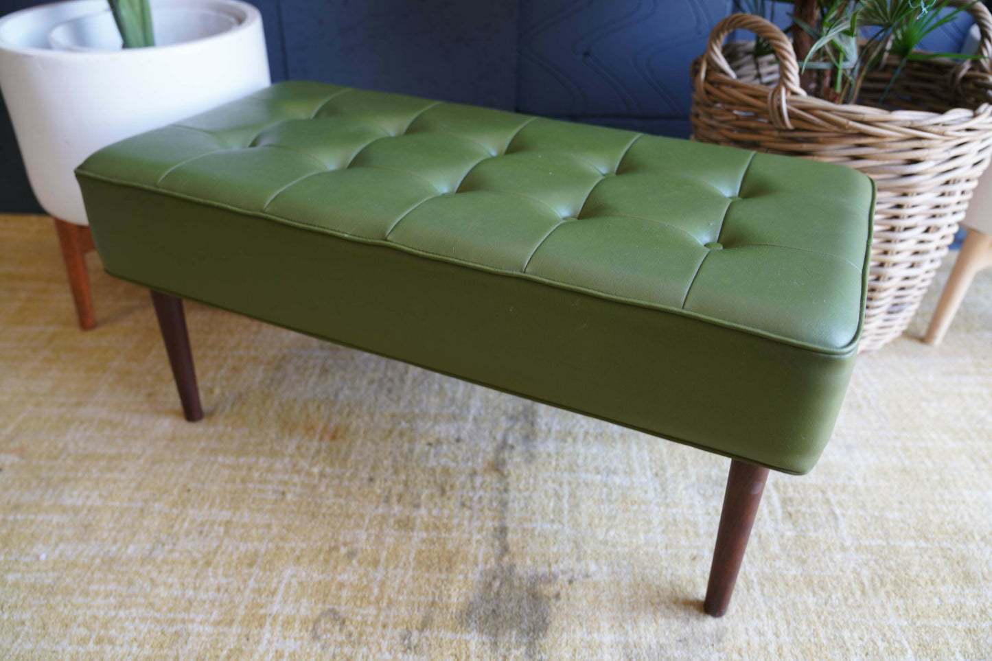 Mid Century Modern Olive Green Vinyl Bench Stool With Tapered Legs