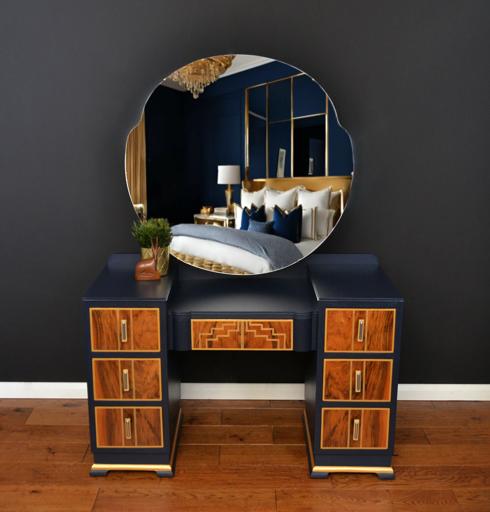 walnut navy and gold dressing table above