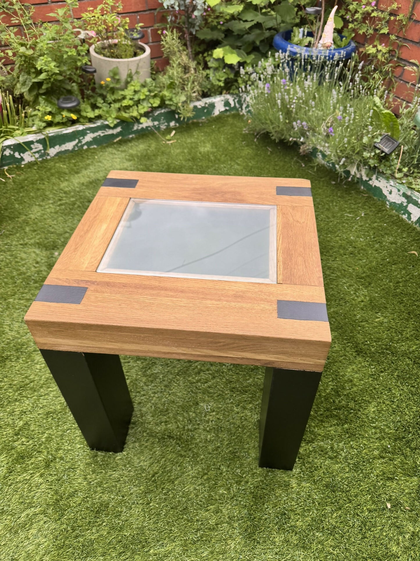 Oak Side Table with Glass Top, Black and Wood End Table, Revived Industrial Furniture, Handmade Bedside or Lamp Table, UK