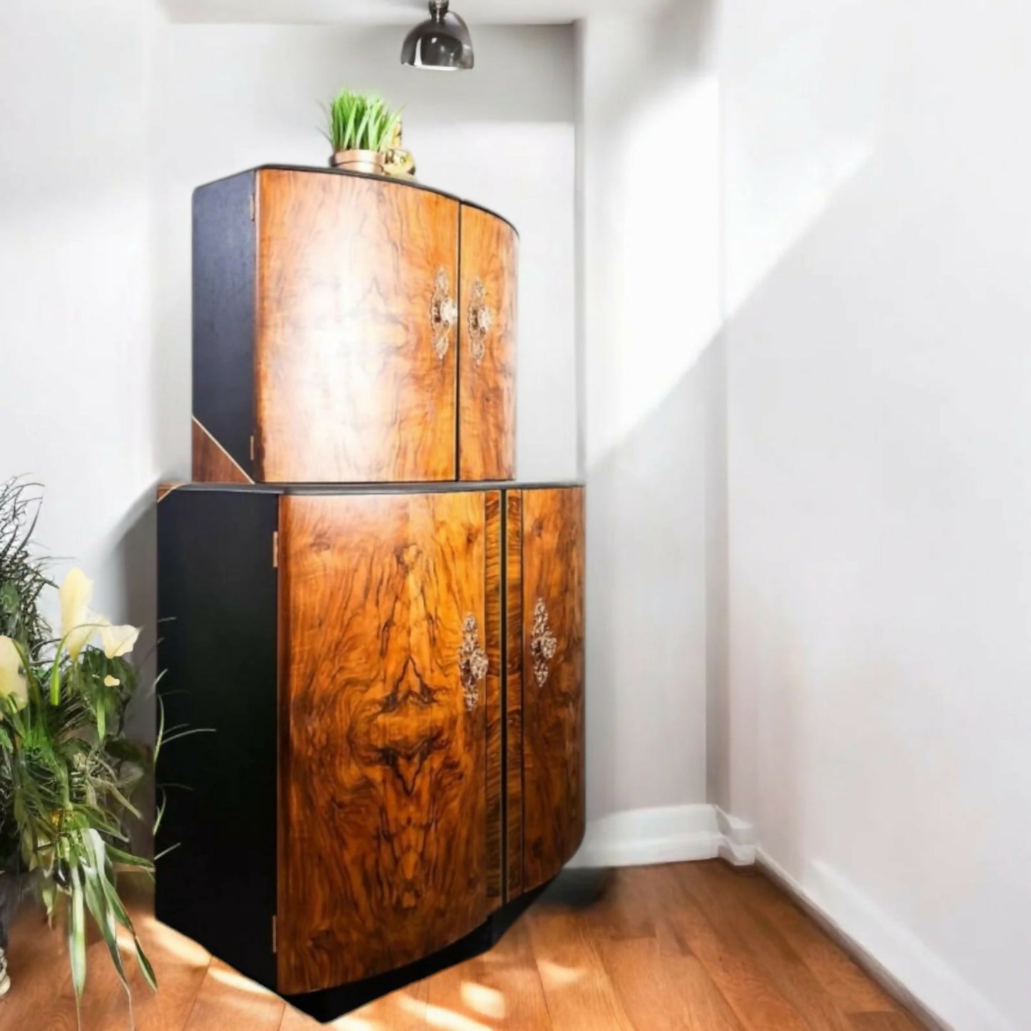 Black art deco walnut drinks cabinet