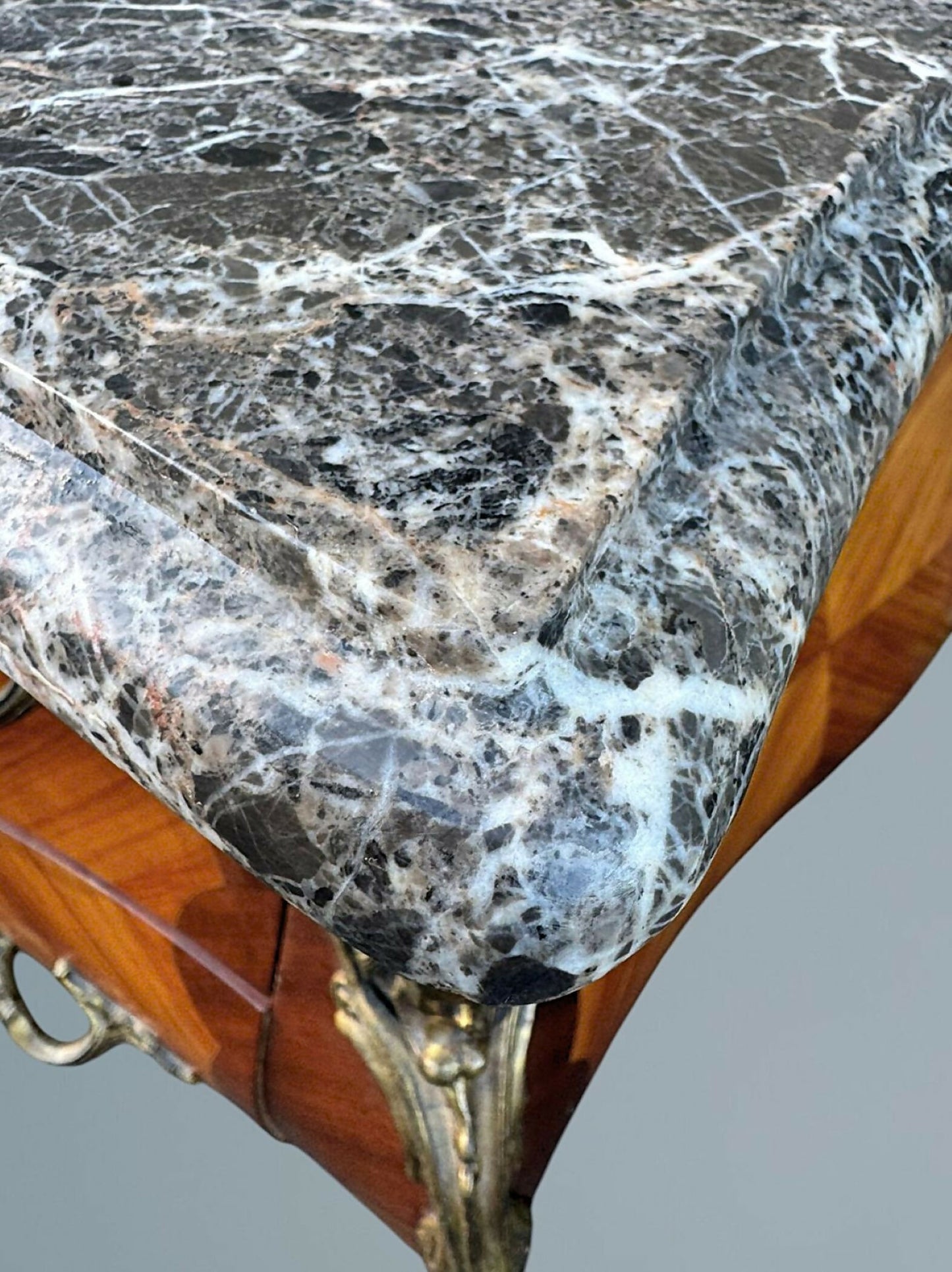 Louis XV Style French Walnut and Marquetry Inlaid Marble Top Commode