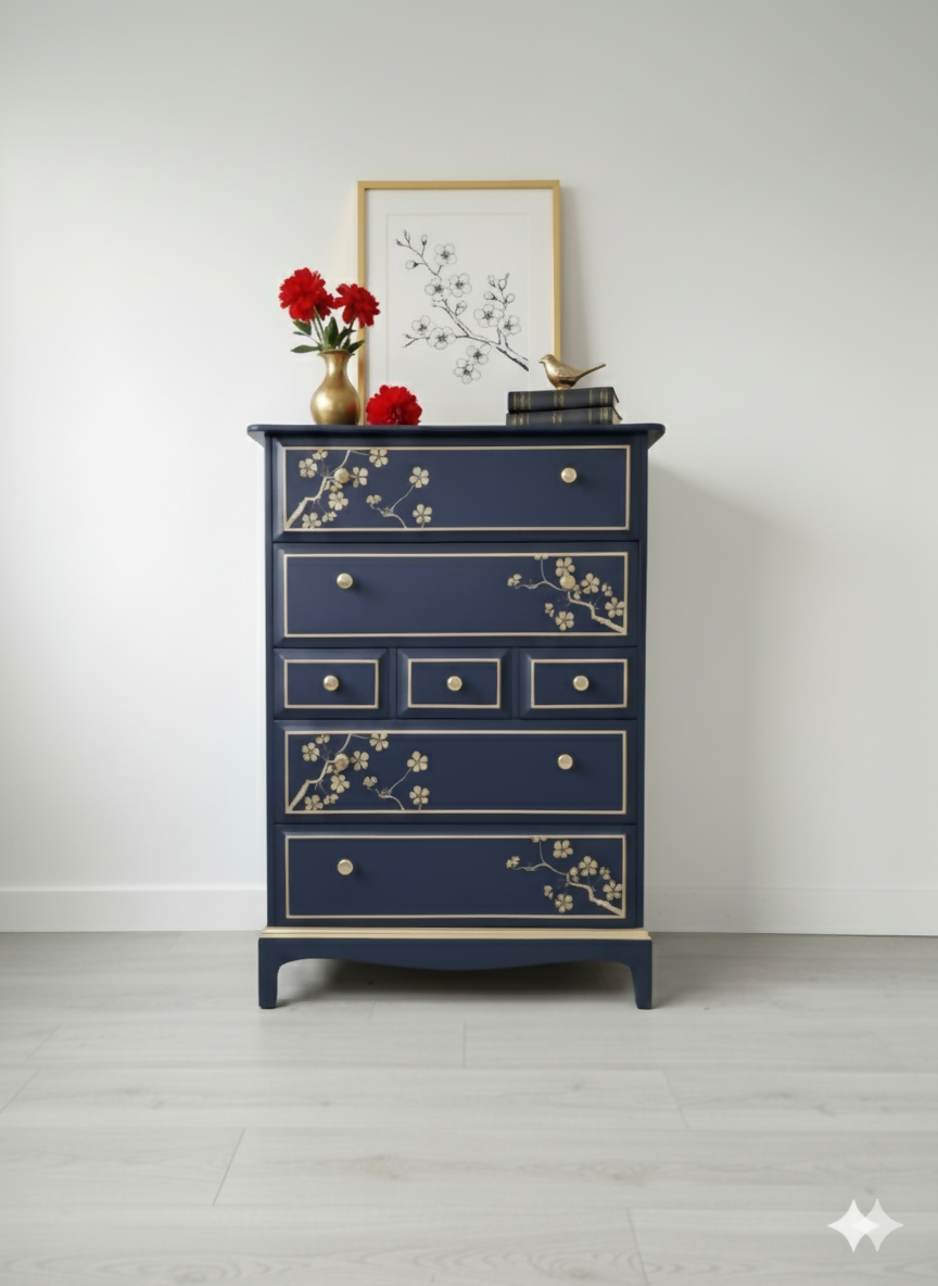 Nay and gold stag minstrel tall boy chest of drawers