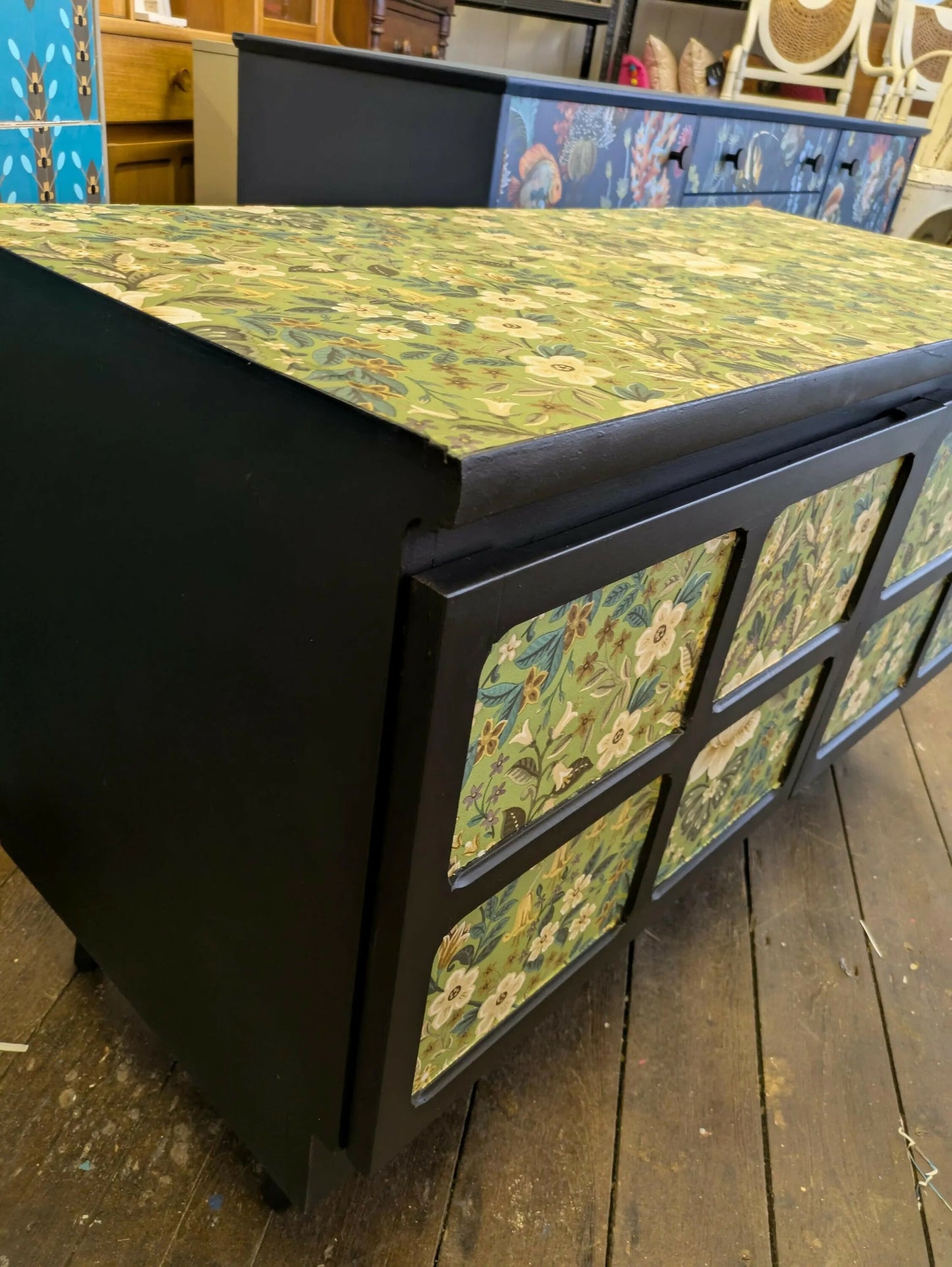 Mid Century Retro Nathan Sideboard on Black Floral Print Sold Message Commission