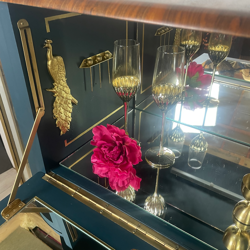 Teal Blue and Gold Cocktail Cabinet