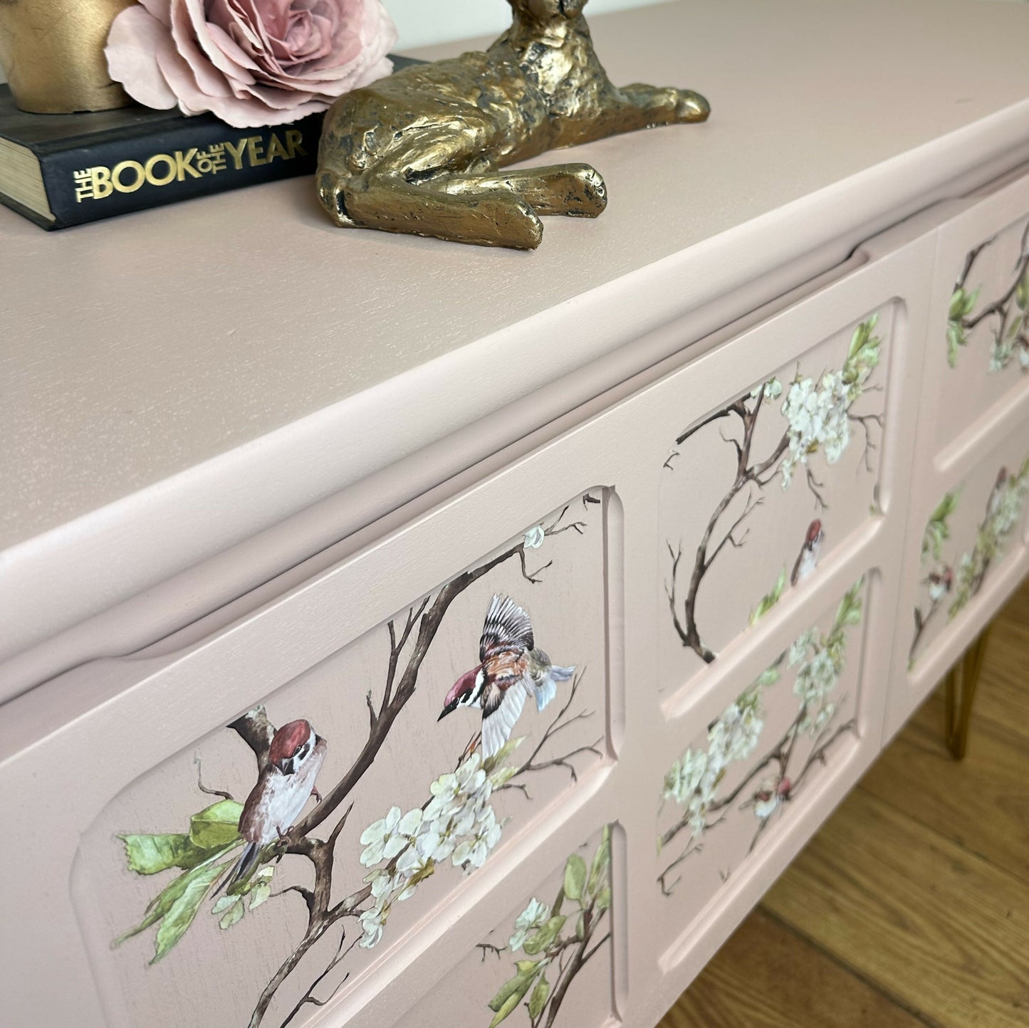 MADE TO ORDER Refurbished Nathan sideboard, TV unit, pale dusky pink, blossom flight, birds, country cottage, mid century, vintage console table, cupboard