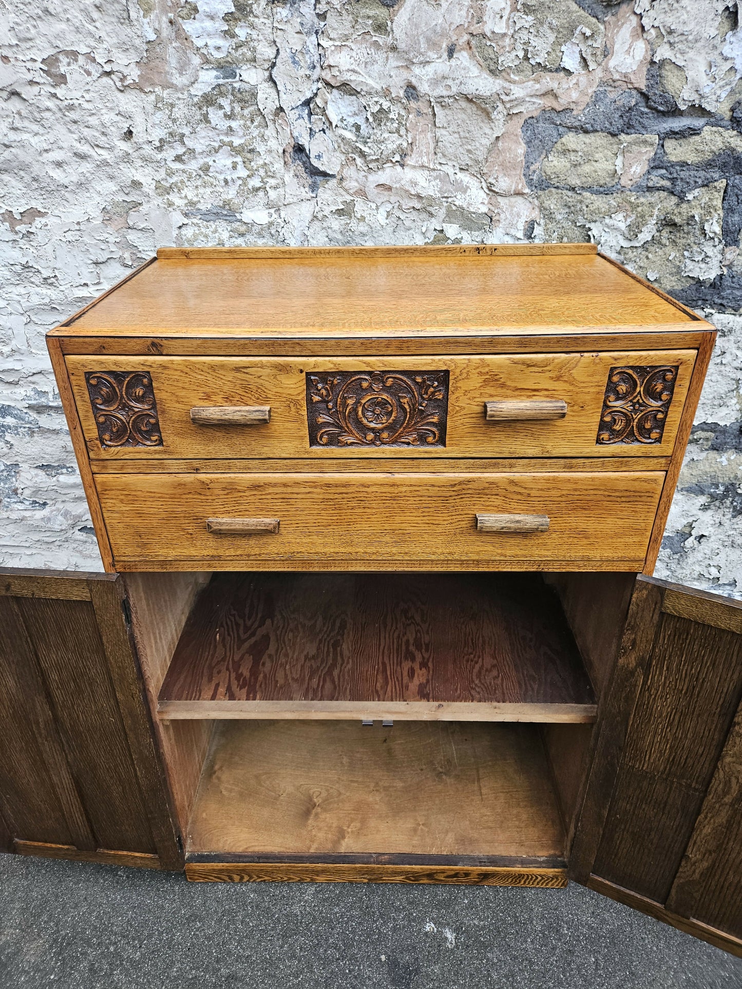 Vintage Oak Tallboy With Two Drawers And Cupboard Super Detailing And Proportions