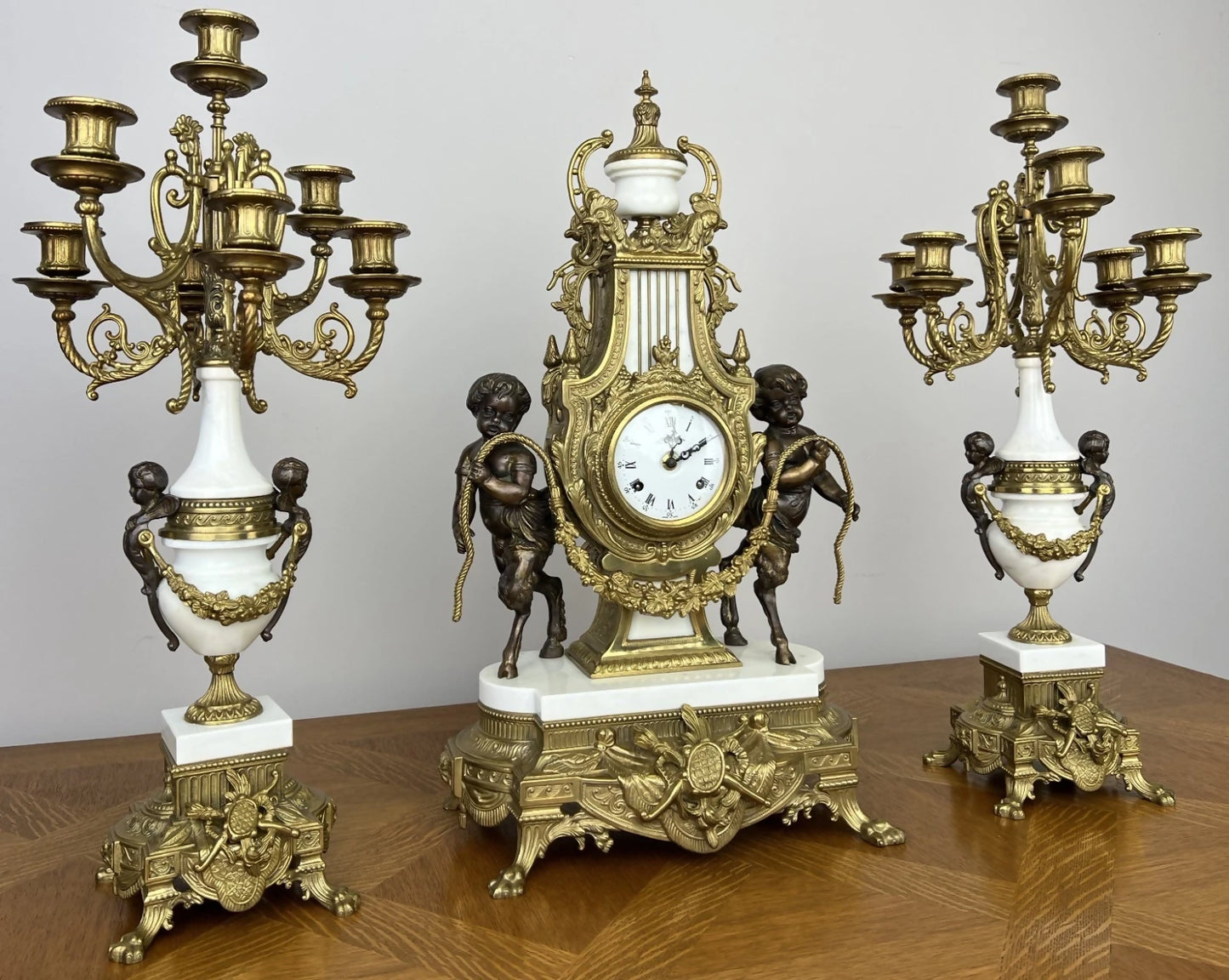Clock Antique Louis XV Brass Marble Garniture Set With Candelabras LOT 6026