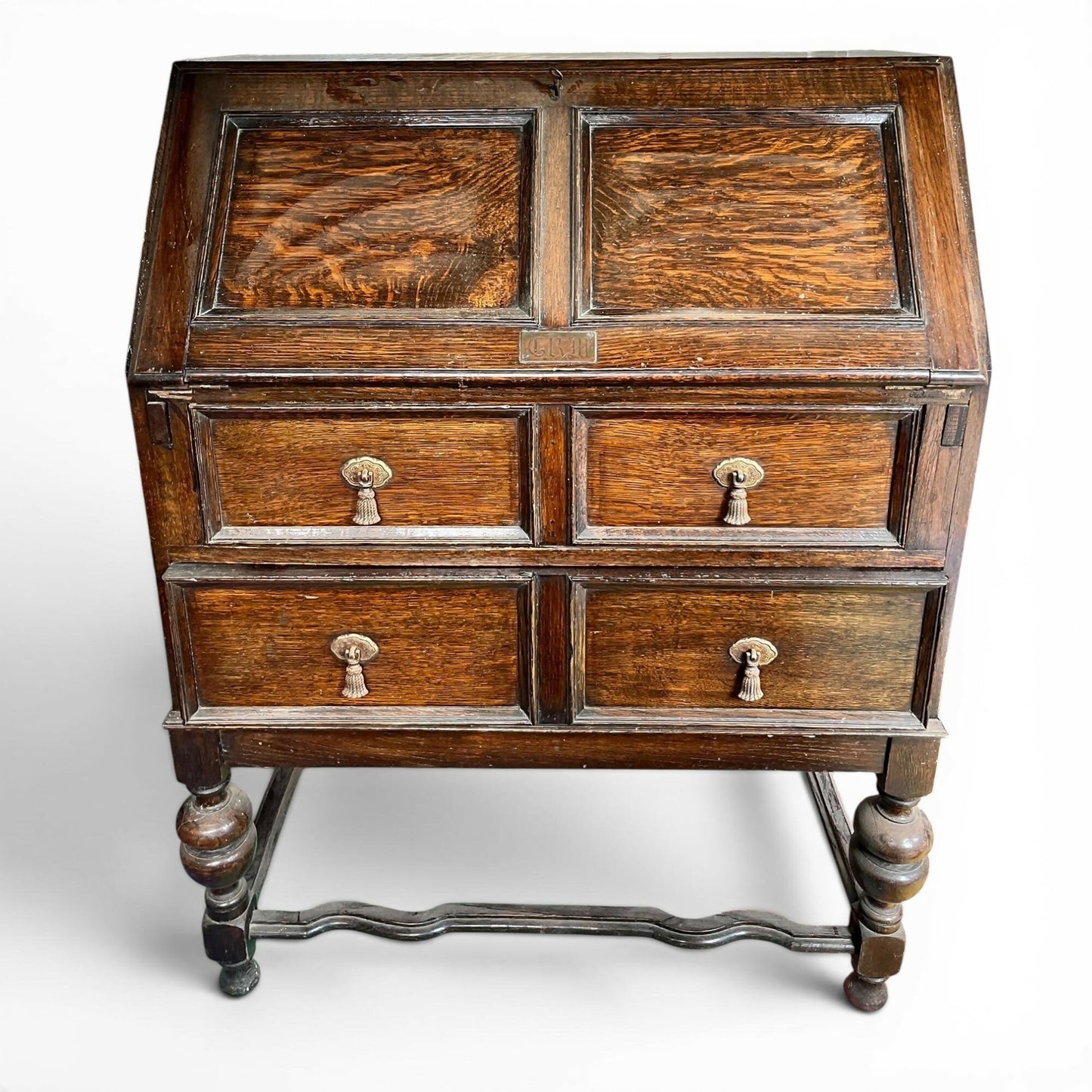 Vintage Oak Bureau Writing Desk / Fall Front Bureau / Refinished Storage Cabinet Black & Wood