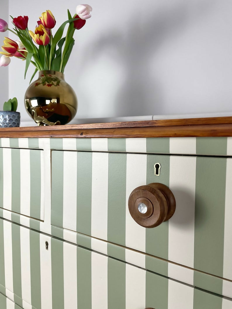 painted green and white Victorian pine chest of drawers with original solid oak handles
