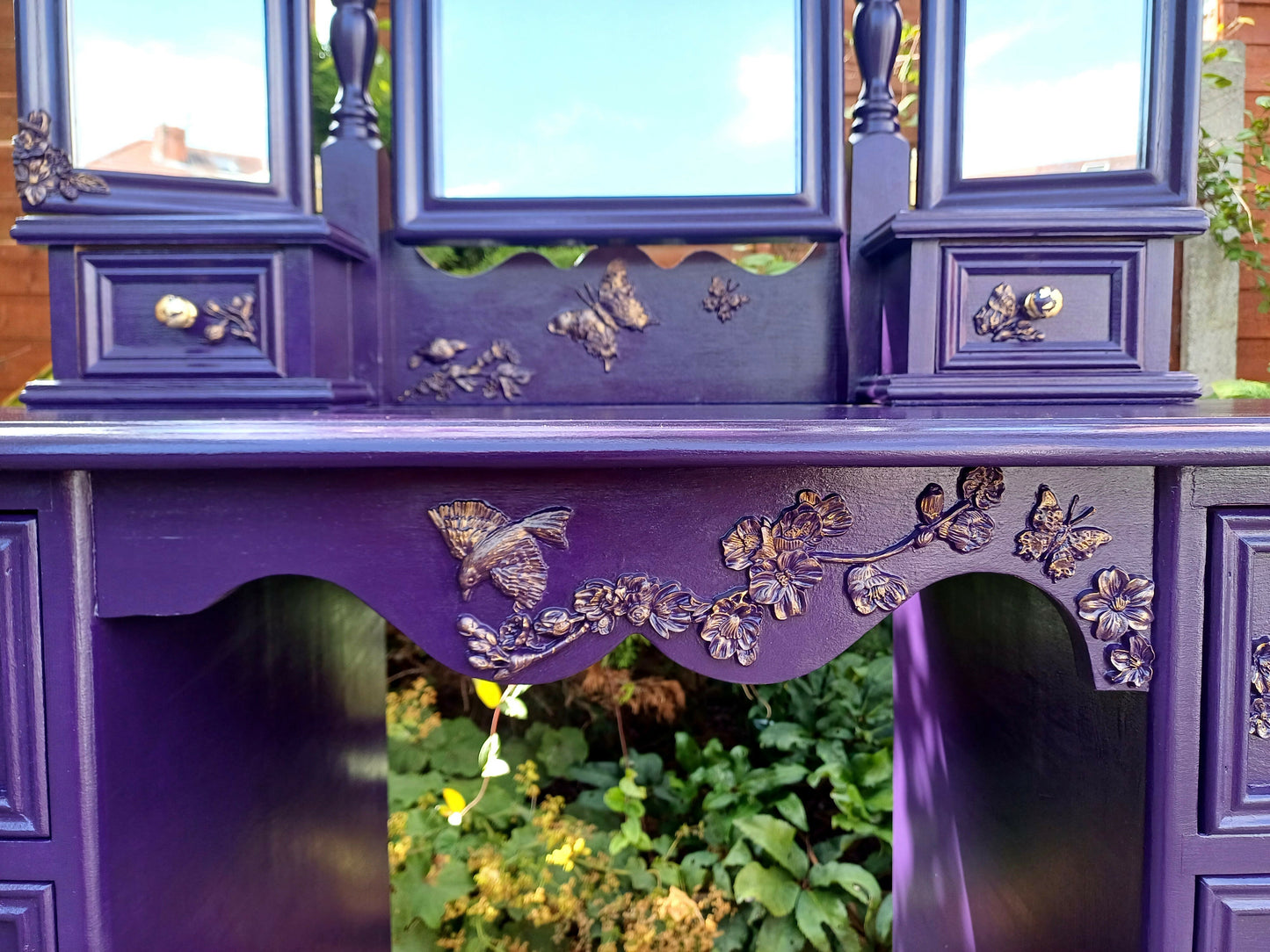 Upcycled Deep Purple and Gold Dressing Table with Flower and Bird Mould Design