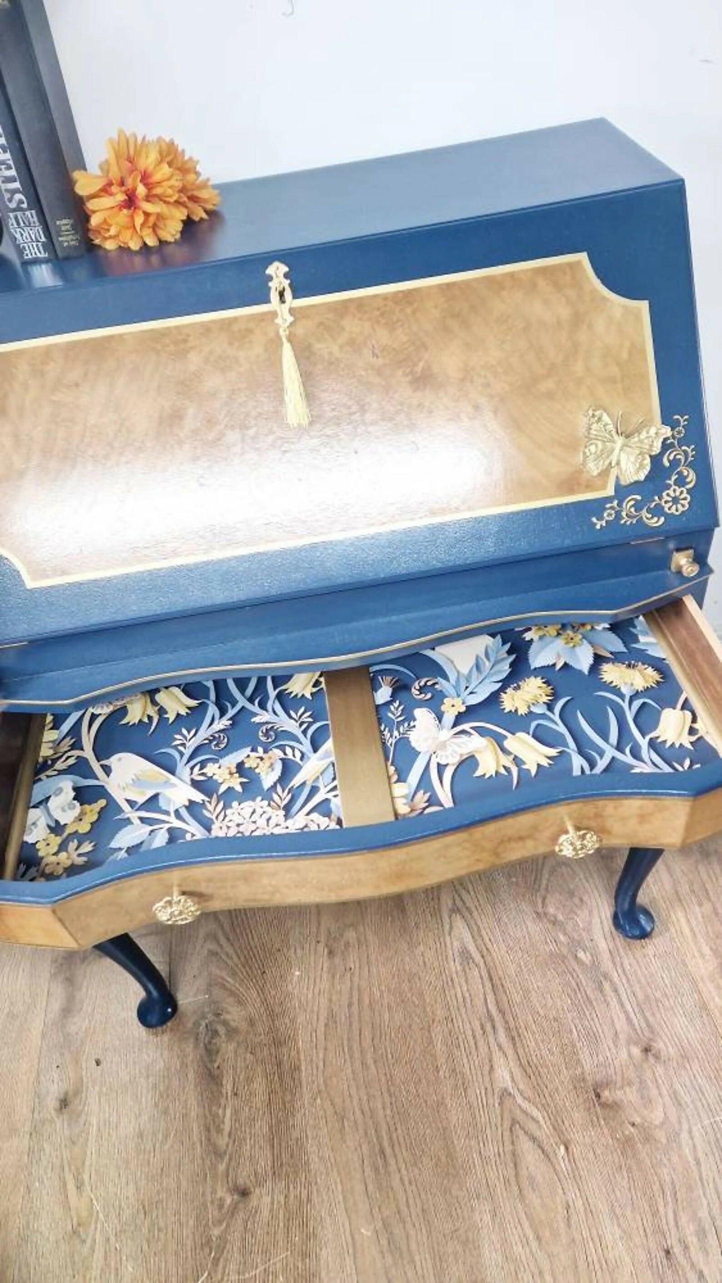 Navy and gold bureau, secretary desk, navy furniture, walnut desk, writing desk, navy blue