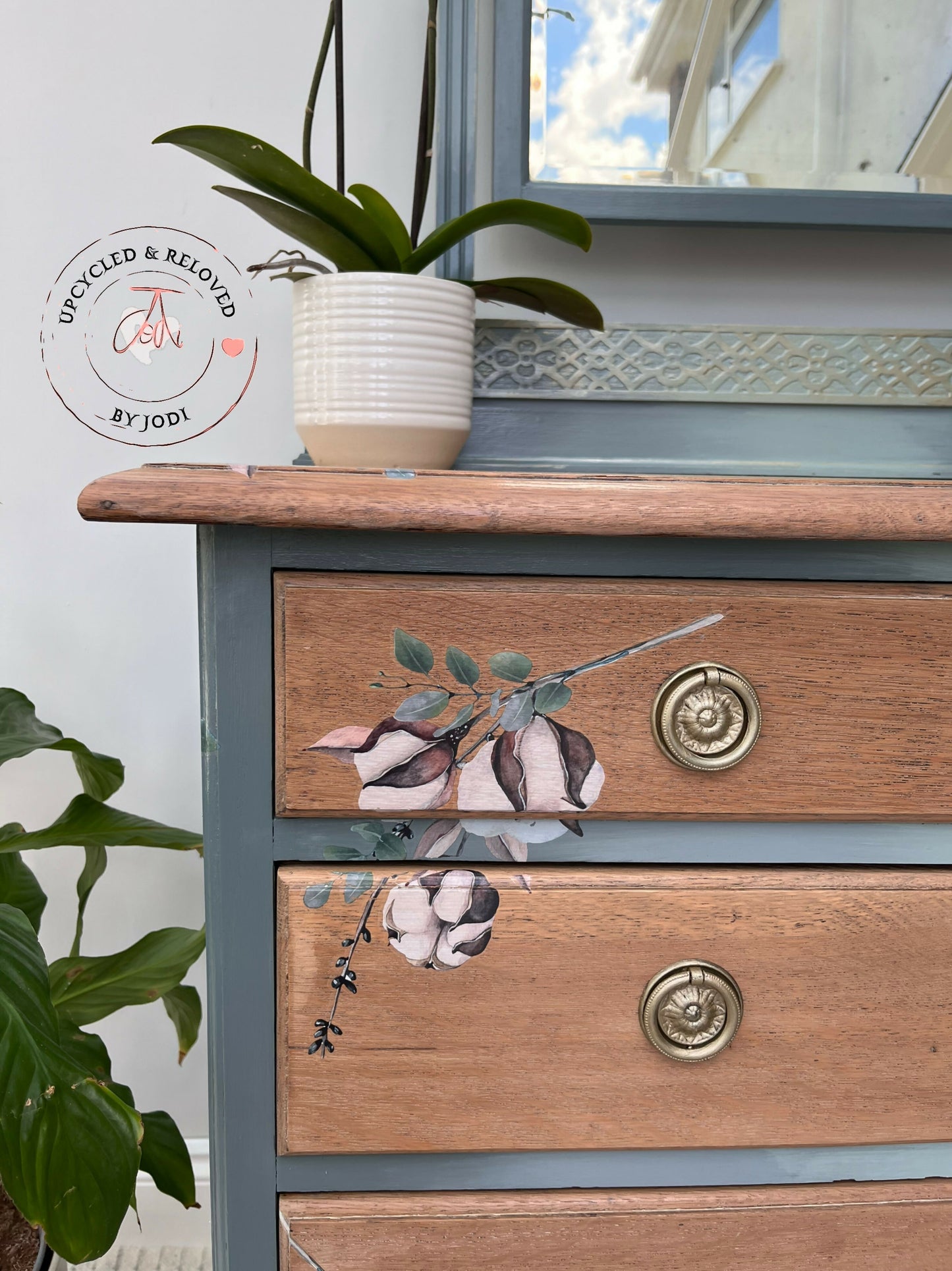 NOW SOLD! Please do not order. Vintage chest of drawers and dressing table with mirror in blue ombré