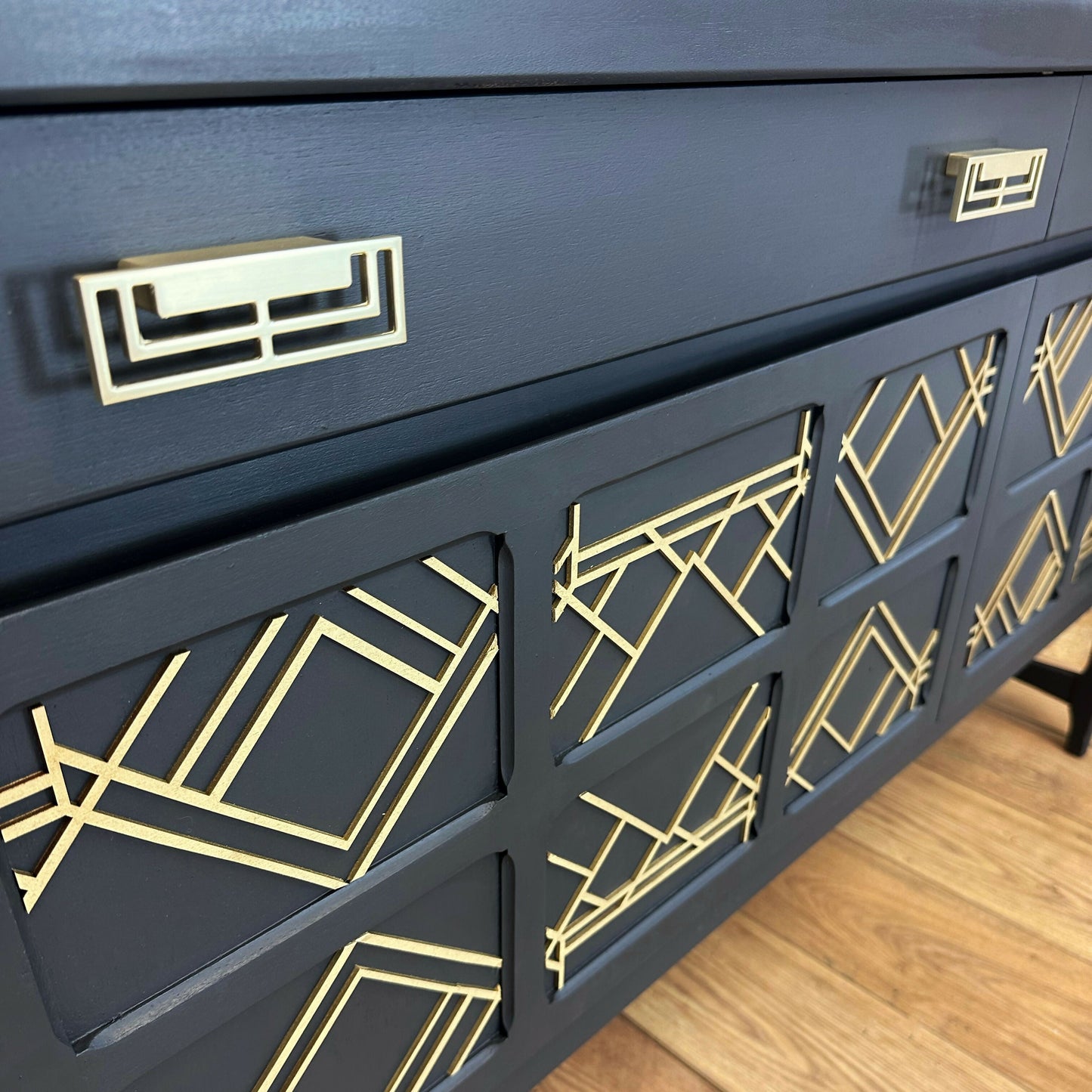 AVAILABLE NOW Large Nathan sideboard dark grey with gold art deco design, mid century drinks cabinet, cocktail cabinet, console, mid century, statement, refurbished